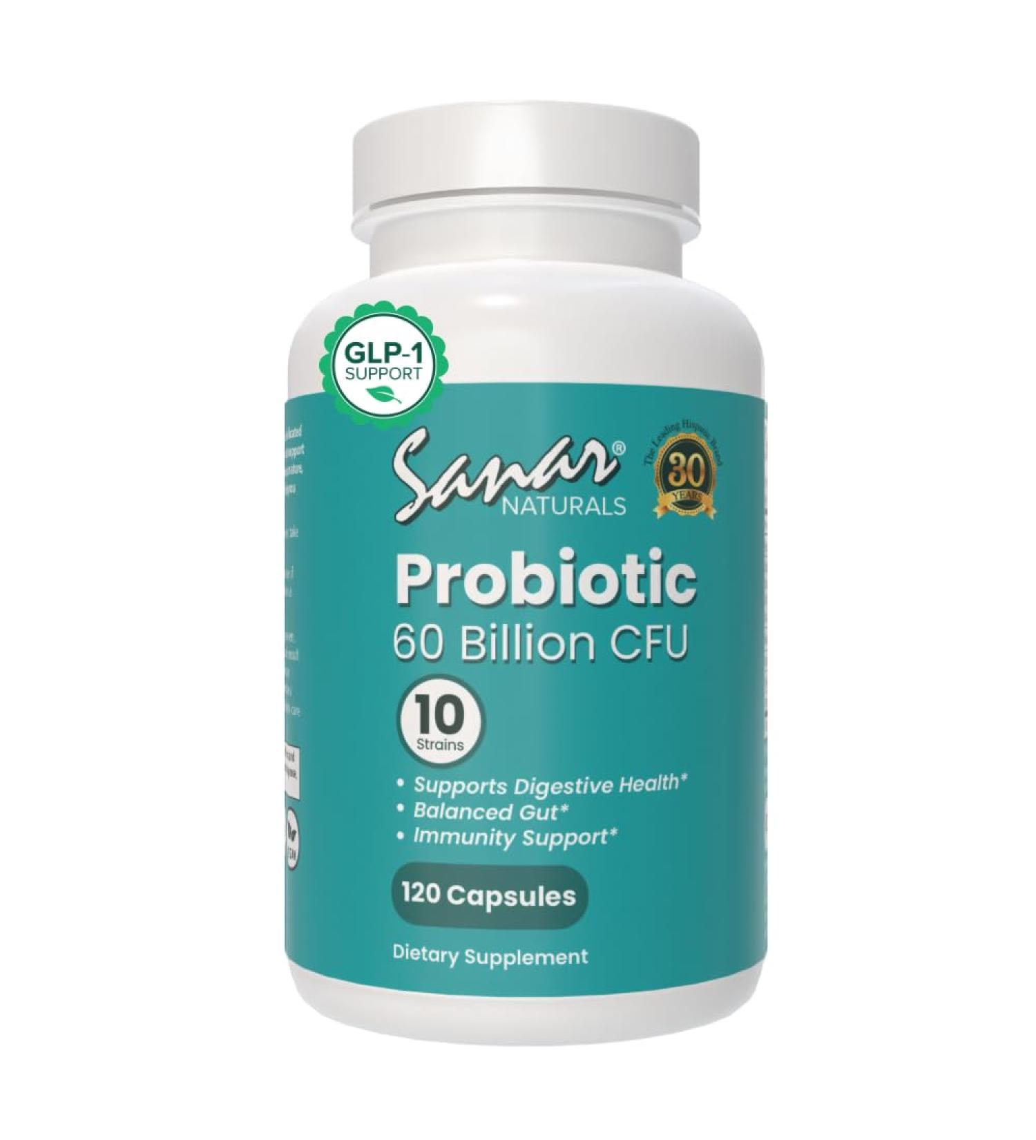 Sanar Naturals Probiotics 60 Billion CFU 10 Strains + Prebiotics - Supports Immune, Digestive, & Gut Health - Probiotics for Women and Men - Vegan, Non-GMO, Gluten Free, 120 Capsules - Buy Online on GoSupps.com