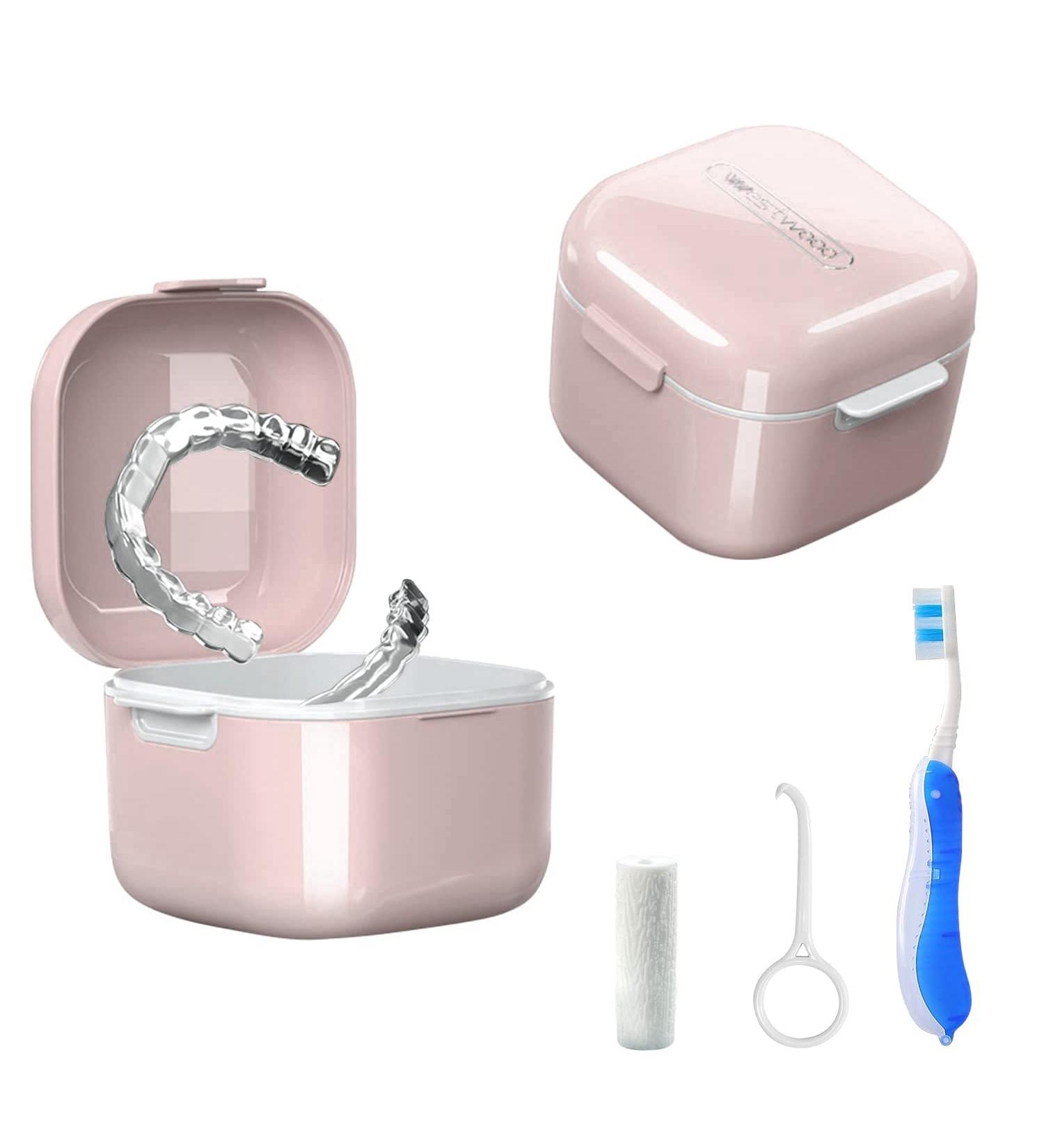 Denture Bath Cup with Strainer Basket - Portable False Teeth Storage Holder & Retainer Case - Pink - Buy Online on GoSupps.com