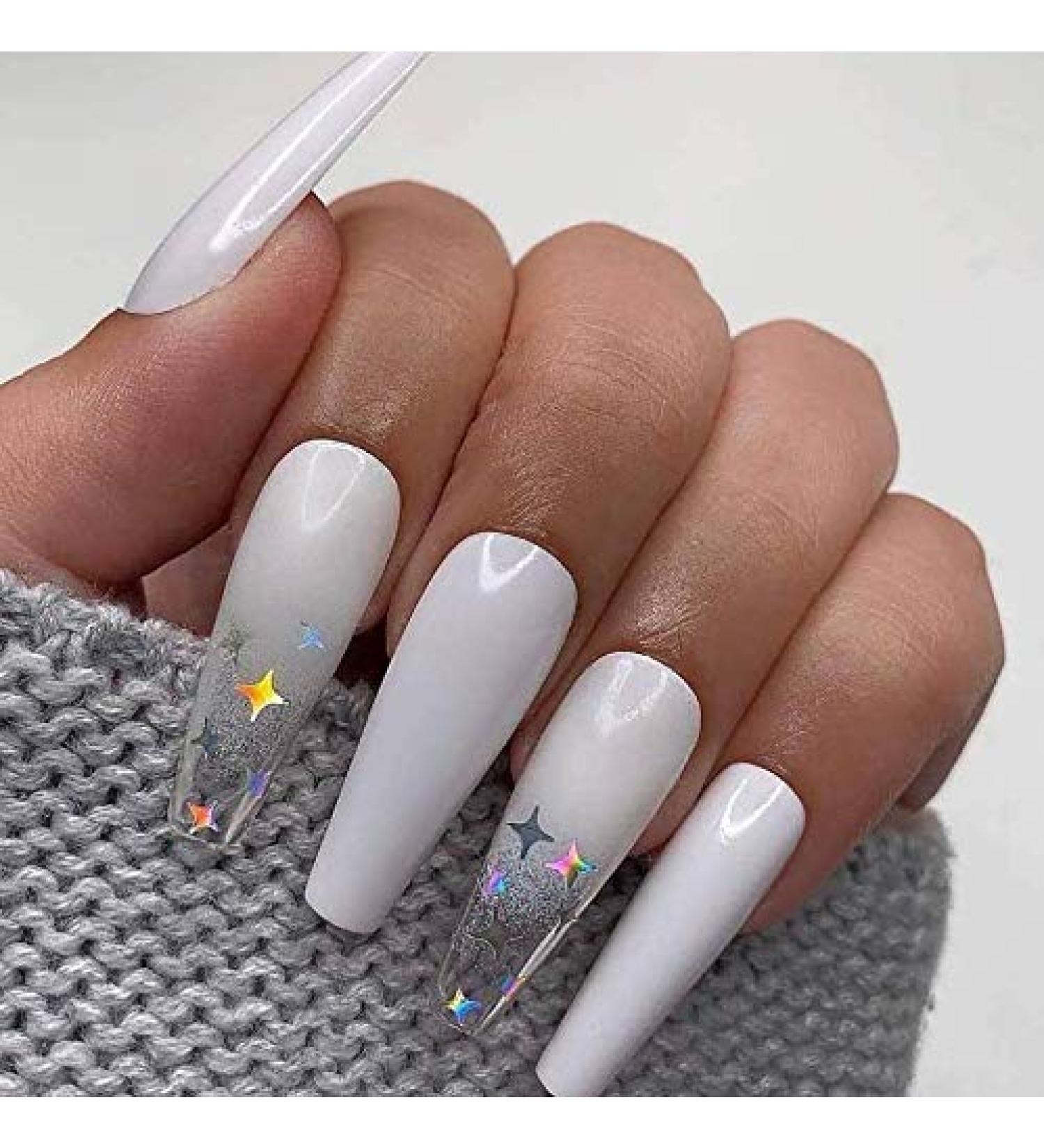Brishow Long White Press-On Nails with Glitter Stars | 24 Ballerina Acrylic False Nails for Women & Girls - Easy Stylish and International Shipping - Buy Online on GoSupps.com