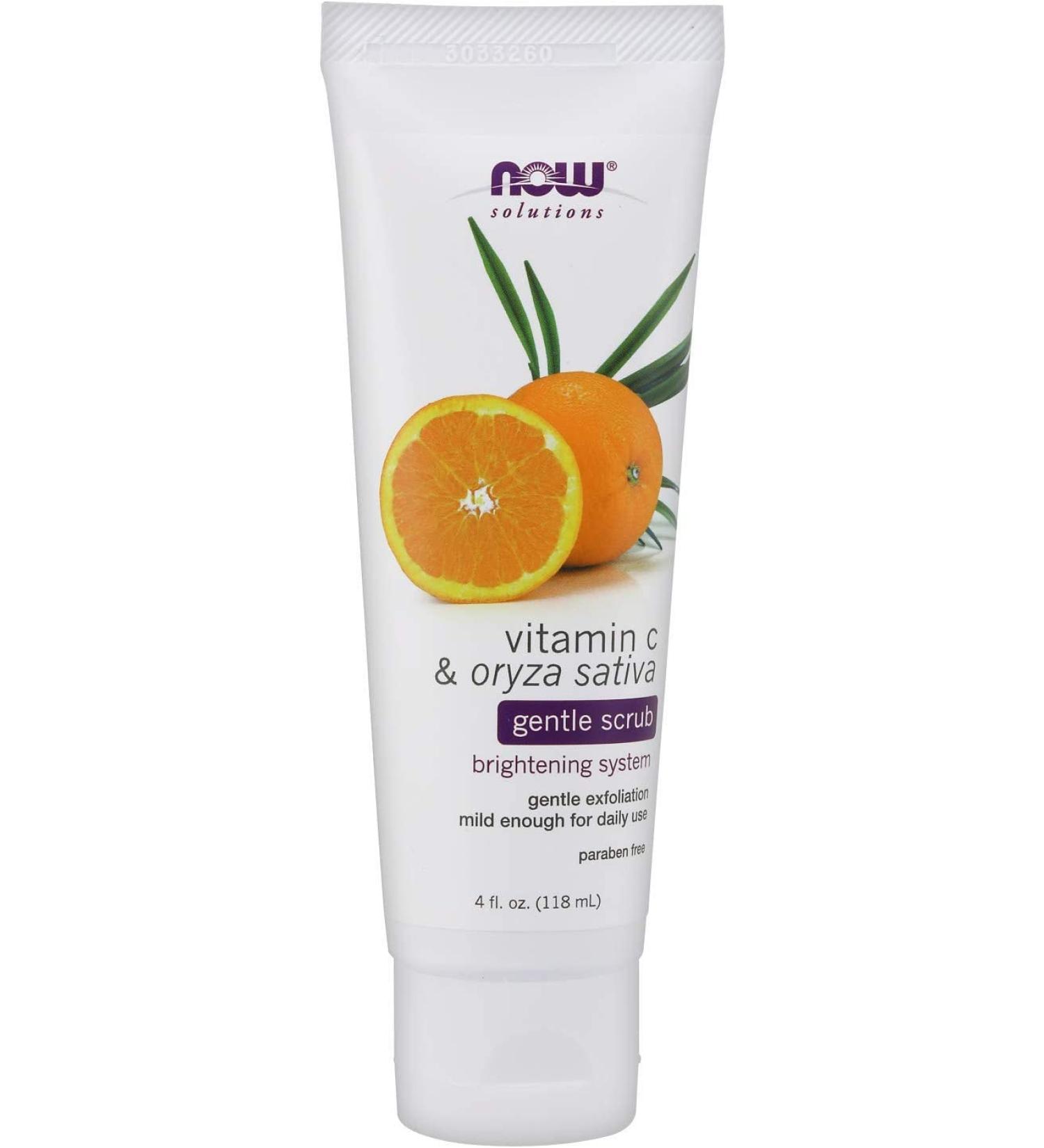 Nourish and Brighten with NOW Solutions Vitamin C and Oryza Sativa Gentle Scrub - 4-Ounce - Buy Online on GoSupps.com