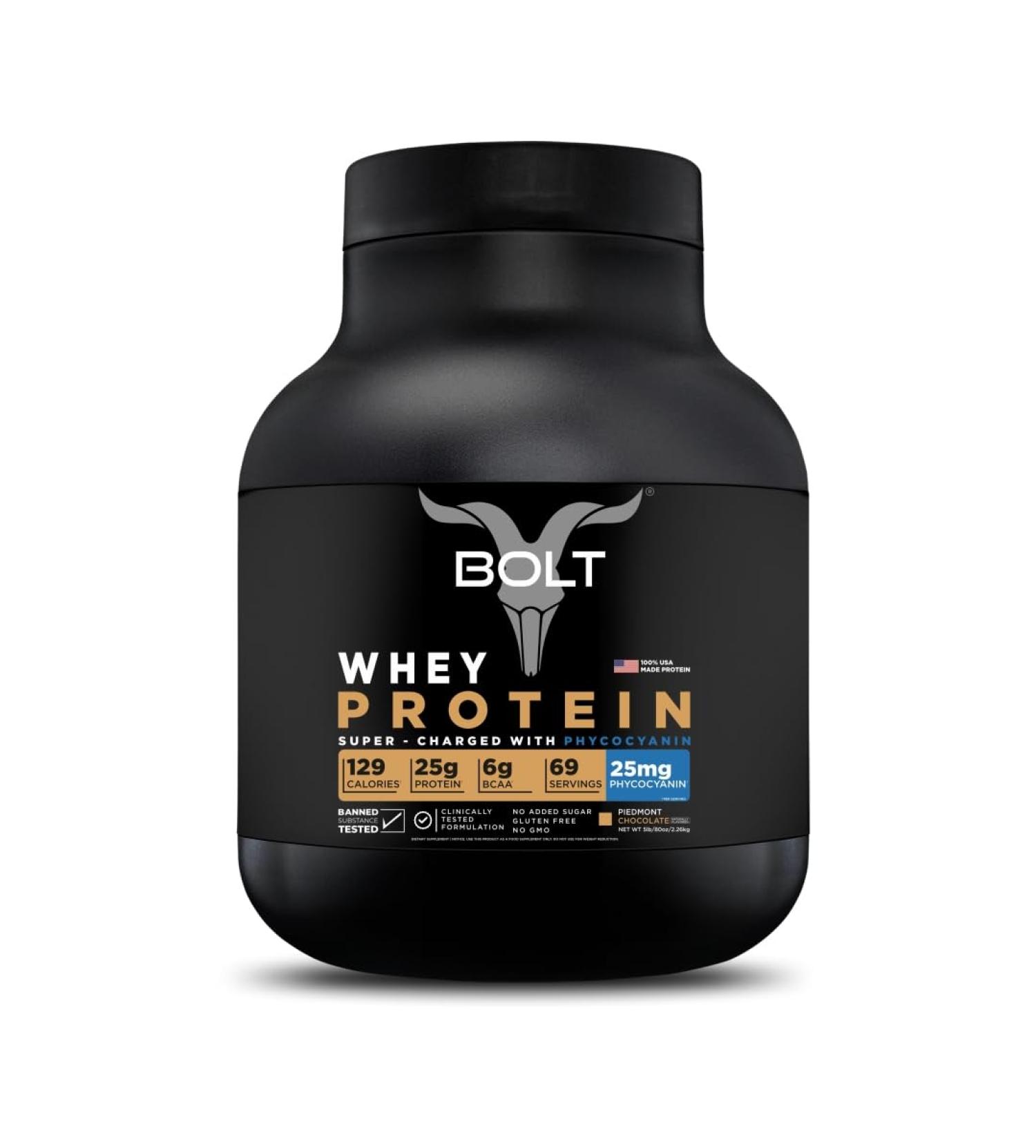 Bolt Whey Protein Powder | 25g Protein & 6g BCAA | Superfood Phycocyanin for Muscle Building & Recovery | 5LB Piedmont Chocolate - Buy Online on GoSupps.com