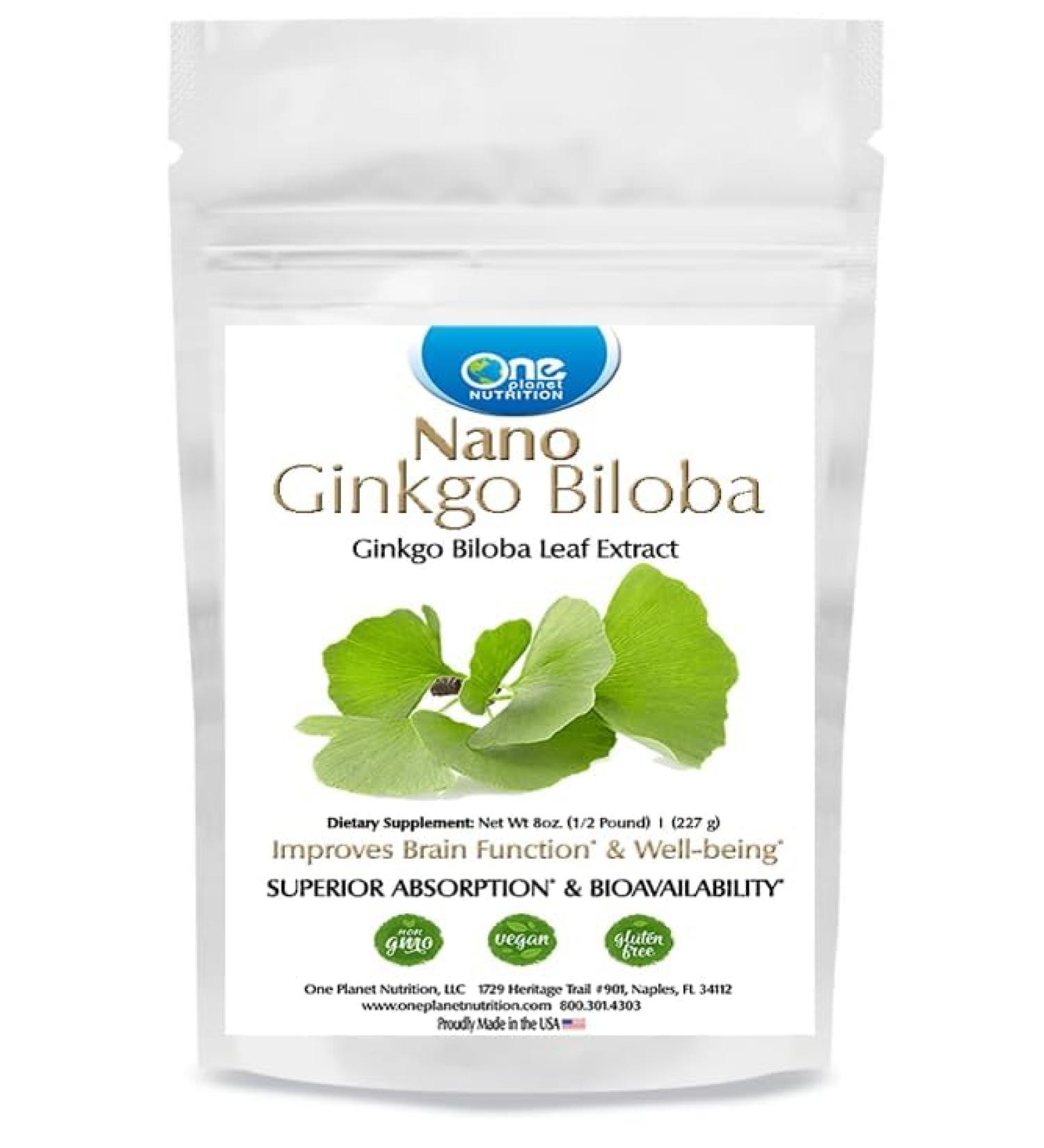 One Planet Nutrition Nano Ginkgo Biloba Powder 8 oz (227 Servings) - Nano-Particle Size Ginkgo Biloba Extract - Supports Cognitive Function & Circulation - Non-GMO Vegan Gluten Free