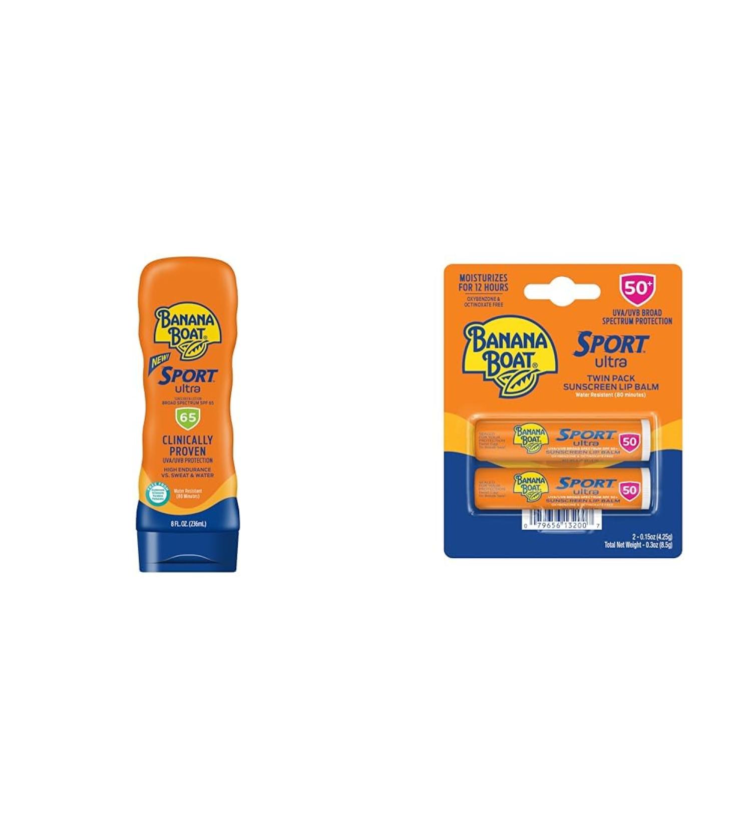 Banana Boat Sport Ultra SPF 65 Sunscreen Lotion 8oz and SPF 50 Lip Balm Twin Pack | Oxybenzone Free Sunscreen
