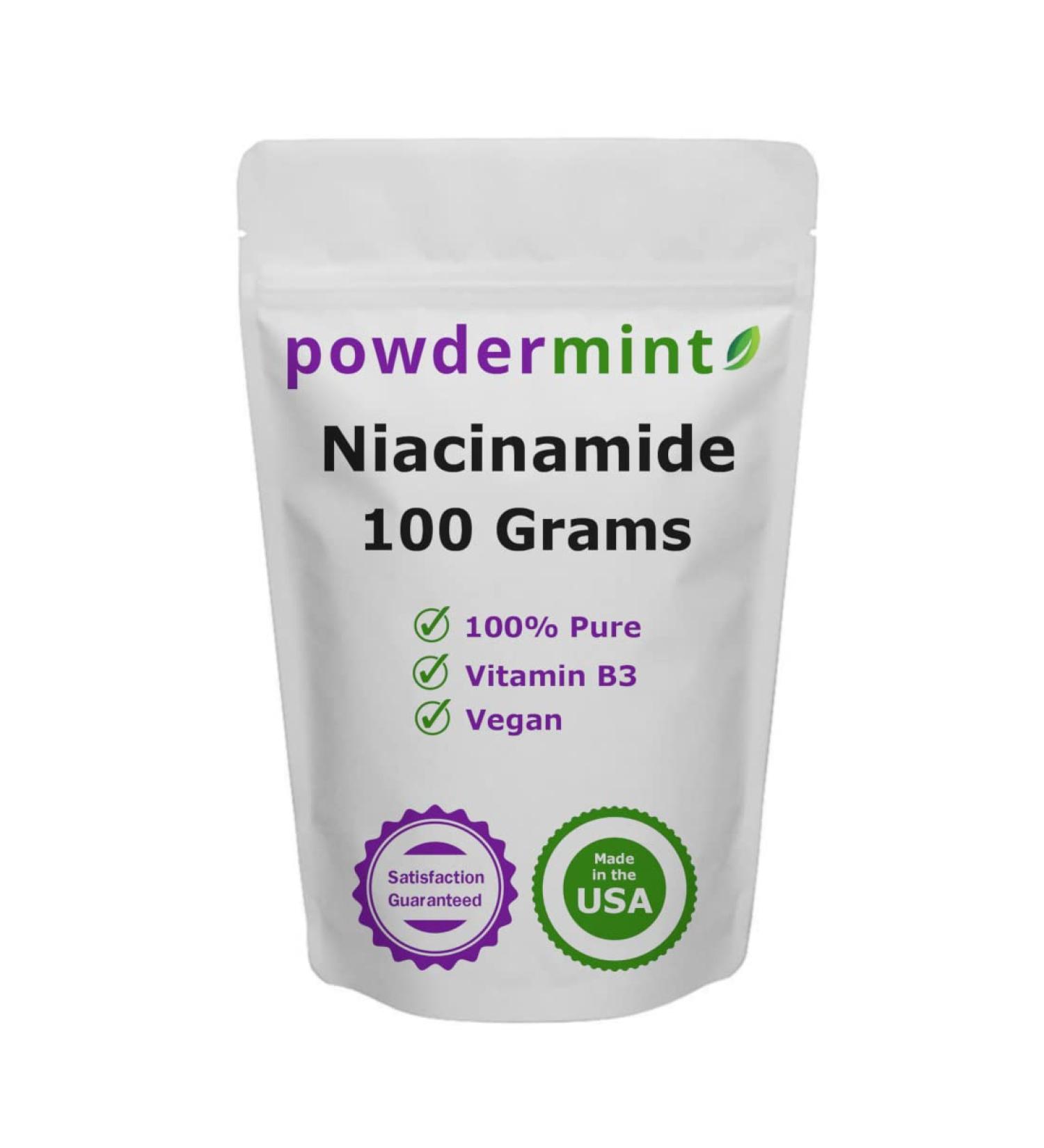 Powdermint Niacinamide Powder 500mg - 100% Pure Vitamin B3 Powder - Flush-Free Formula - 100g (3.53 oz) - Pack of 1 - Buy Online on GoSupps.com