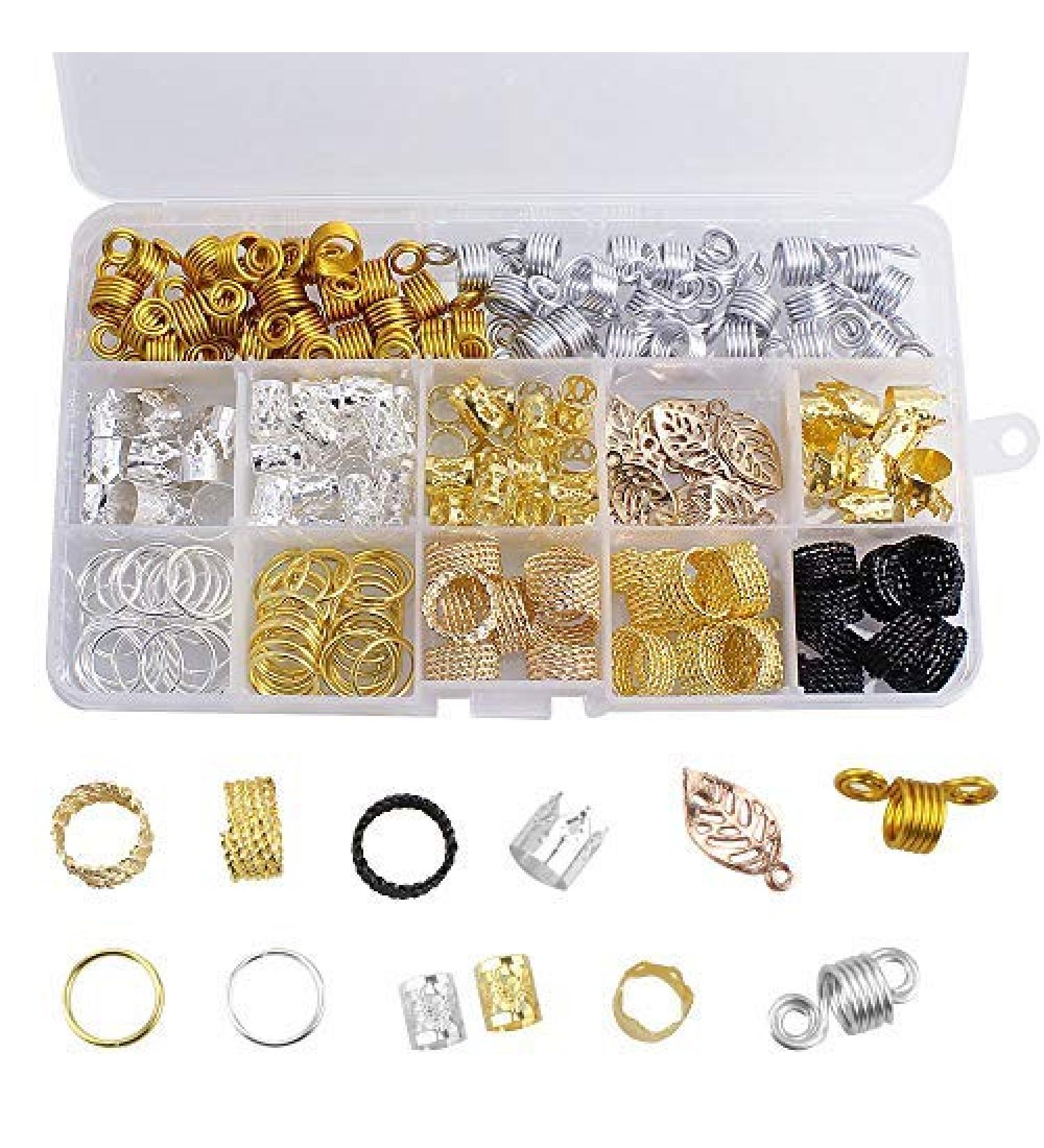 Dreamtop 200 pieces aluminum hair coil Dreadlocks pearl metal hair clamps hair braid rings hair clamps clip hair cuffs with storage box for hair accessories