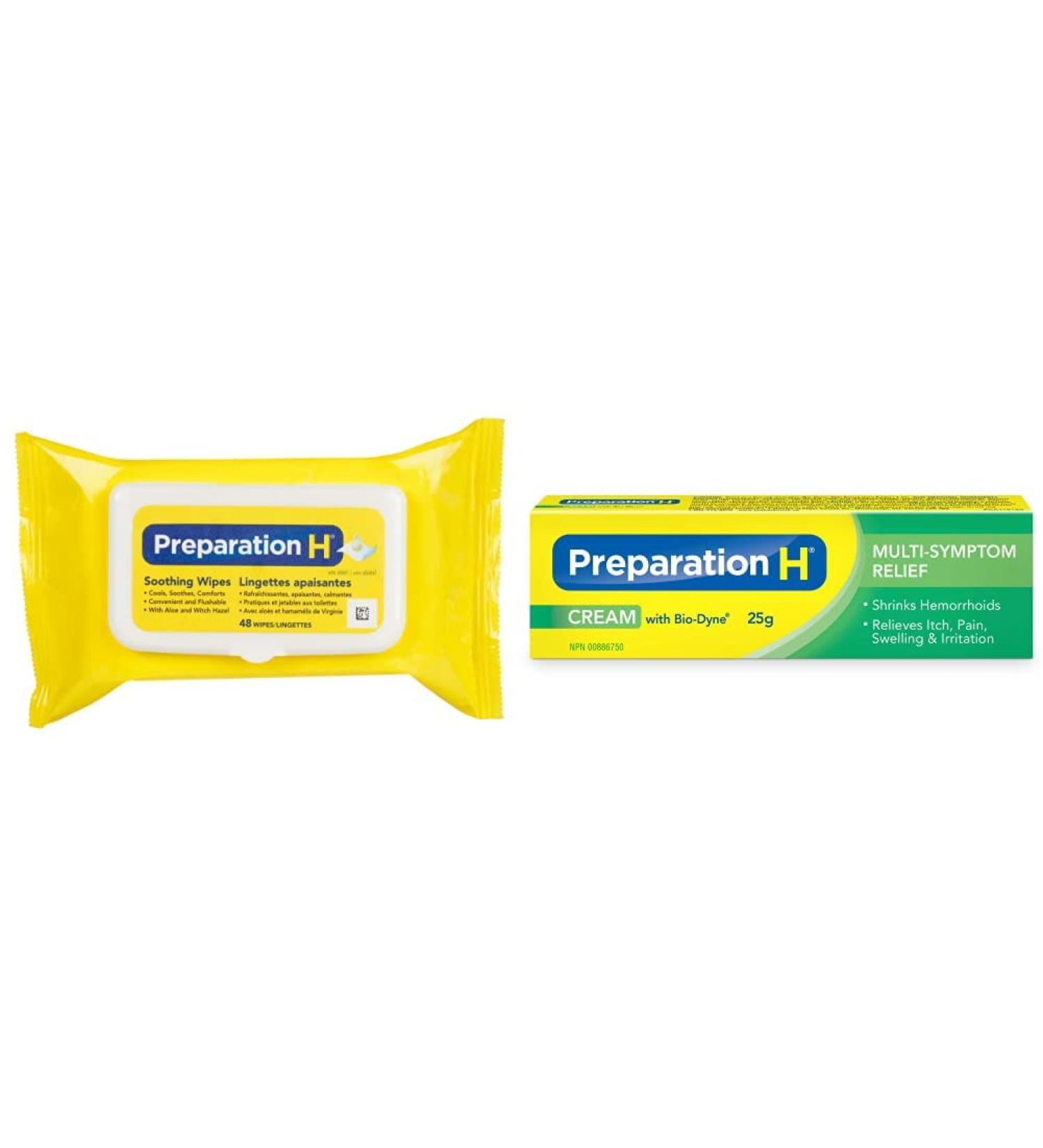 Preparation H Cream (25 g) with Bio-Dyne Hemorrhoid Multi-Symptom Pain Relief & Preparation H Soothing Wipes (48 Count) with Aloe and Witch Hazel Flushable Hemorrhoid Relief Multi-Pack (2 Pack) - Buy Online on GoSupps.com