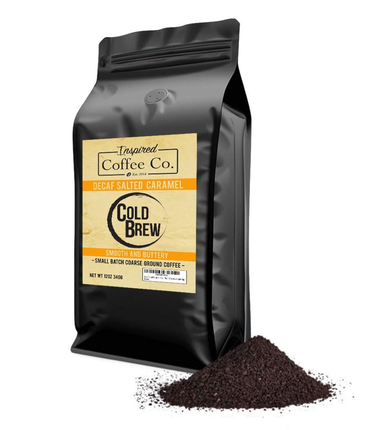 Decaf Salted Caramel Flavored Cold Brew Coffee by Inspired Coffee Co. - Swiss Water Process - 12 oz. Coarse Ground Coffee - Resealable Bag | Orange & Black Packaging - Buy Online on GoSupps.com