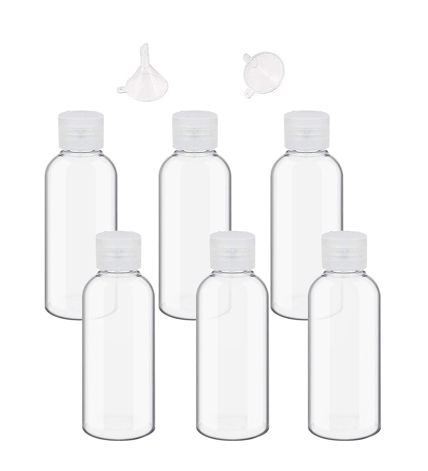 6-Piece Travel Bottle Set with 2 Funnels | 100ml Transparent Cosmetic Plastic Bottles for Shampoo Lotion & Travel Accessories - Buy Online on GoSupps.com