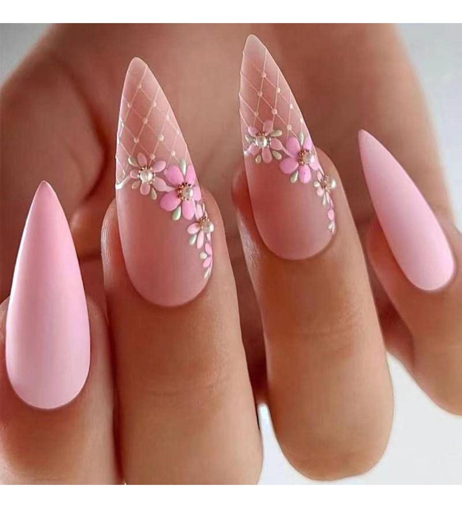 24PCS Medium Almond Flower Press on Nails - Pink Glossy False Nails with Glue | Spring Nail Decoration for Women - Buy Online on GoSupps.com