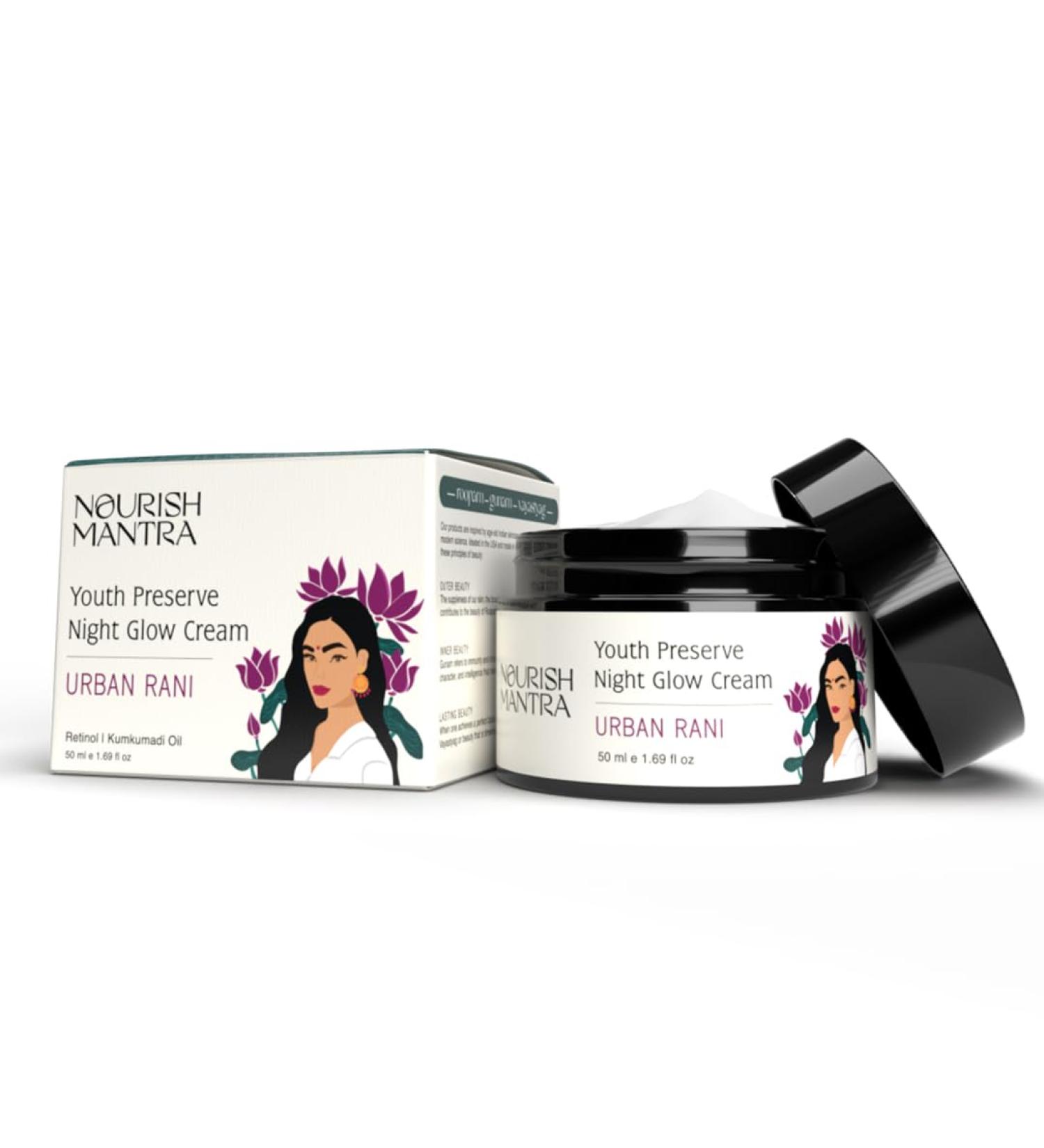 NOURISH MANTRA Urban Youth Preserve Night Glow Cream - Retinol Hyaluronic Acid CICA & Ashwagandha - Hydrates & Repairs Skin Anti-Aging Formula for All Skin Types - 50ml - Buy Online on GoSupps.com