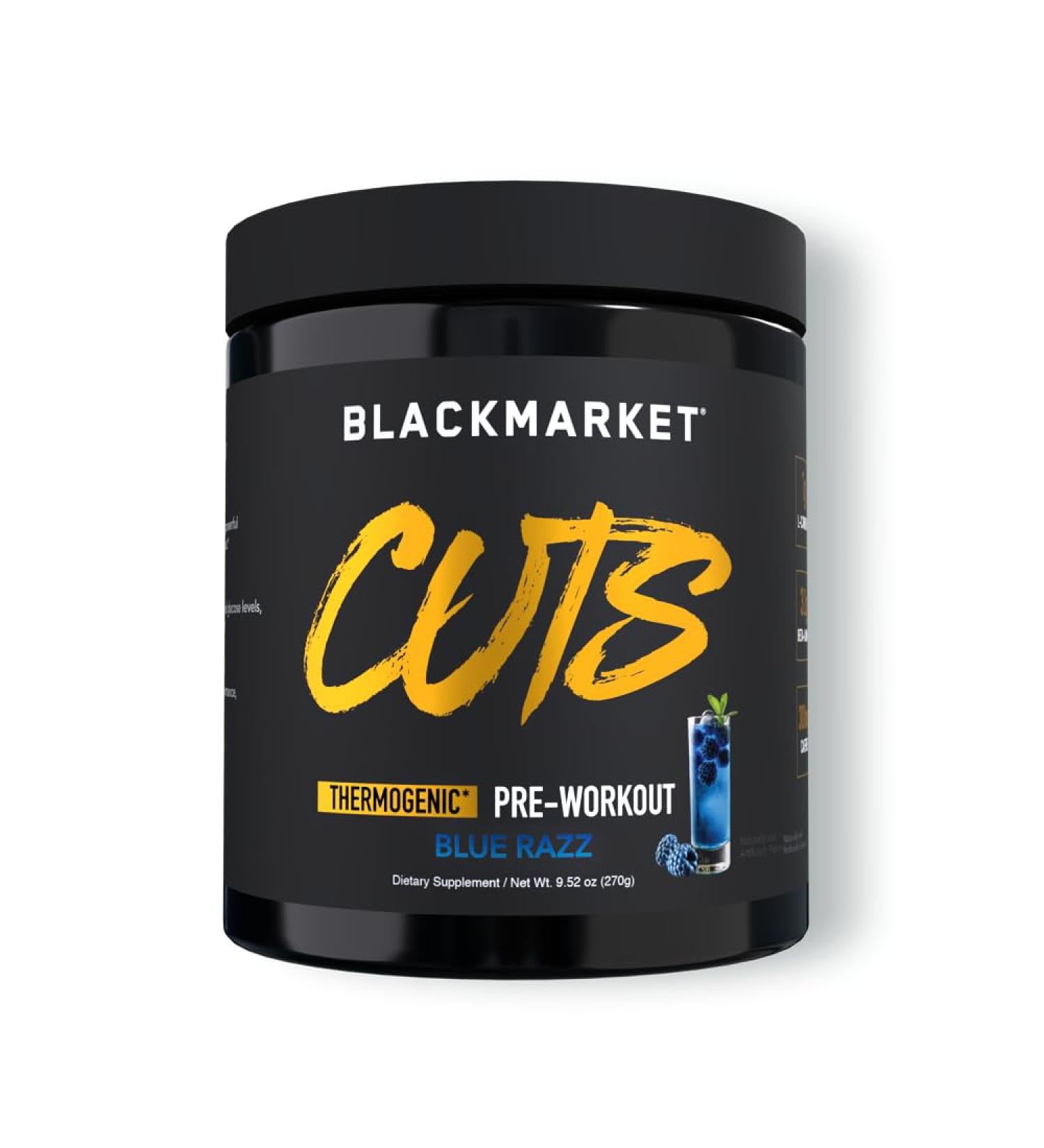 BLACKMARKET CUTS Pre Workout - Flavored Energy Powdered Drink Mix for Men & Women, Great for Muscle Definition, Thermogenic, Creatine Free, (Blue Razz, 30 Servings) Blue Razz 8.47 Ounce (Pack of 1) - Buy Online on GoSupps.com