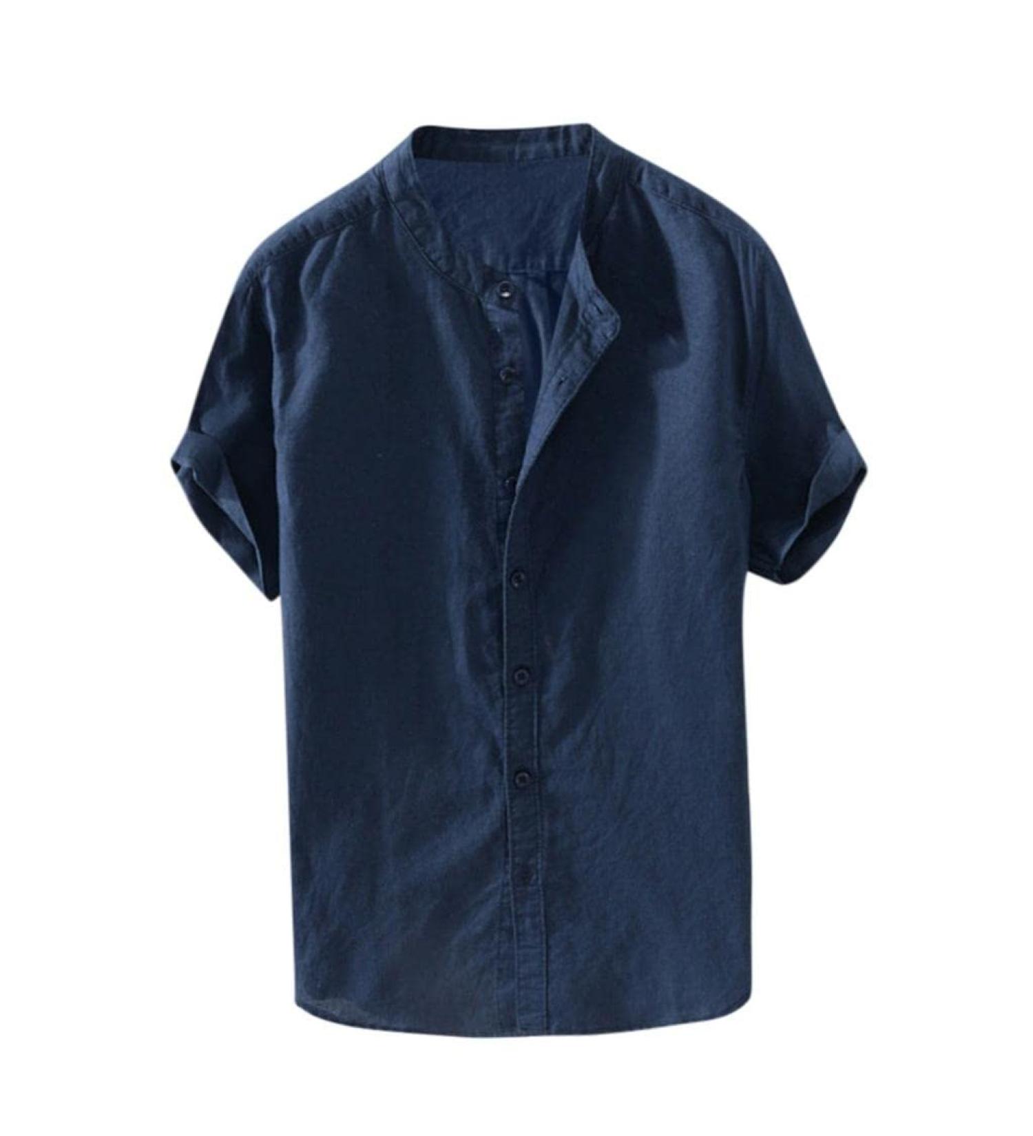 Ykohkofe Men's Navy Linen Button Down Shirt - Summer Short Sleeve Casual Slim Fit Chambray T-Shirt (Large) - Buy Online on GoSupps.com