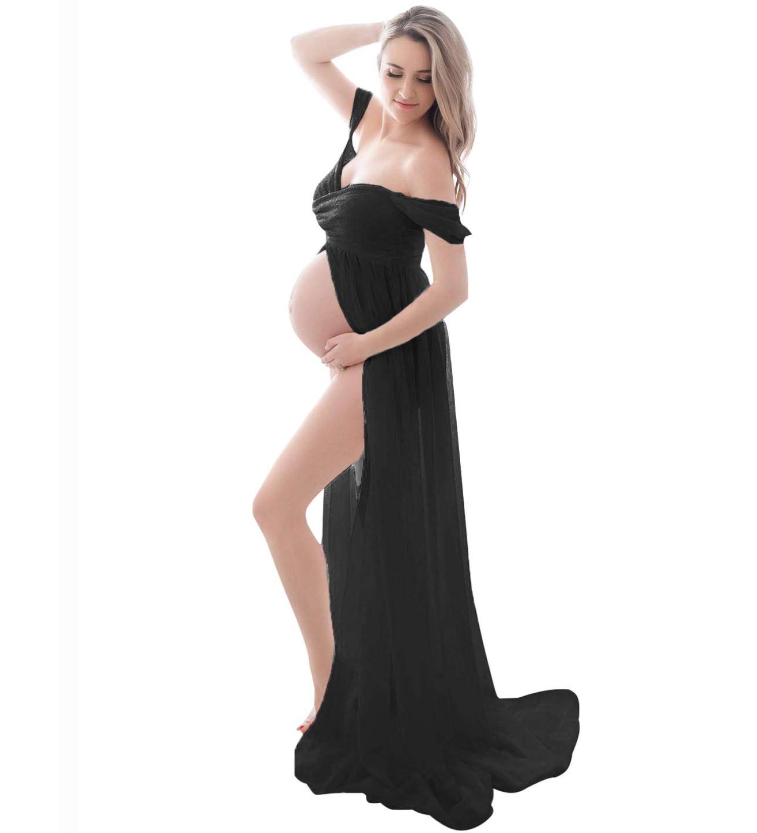 FEOYA Maxi Maternity Dress - Chiffon Lace Strapless Gown for Pregnant Women - Black - Perfect for Photography - Full Length with Split Front - Buy Online on GoSupps.com