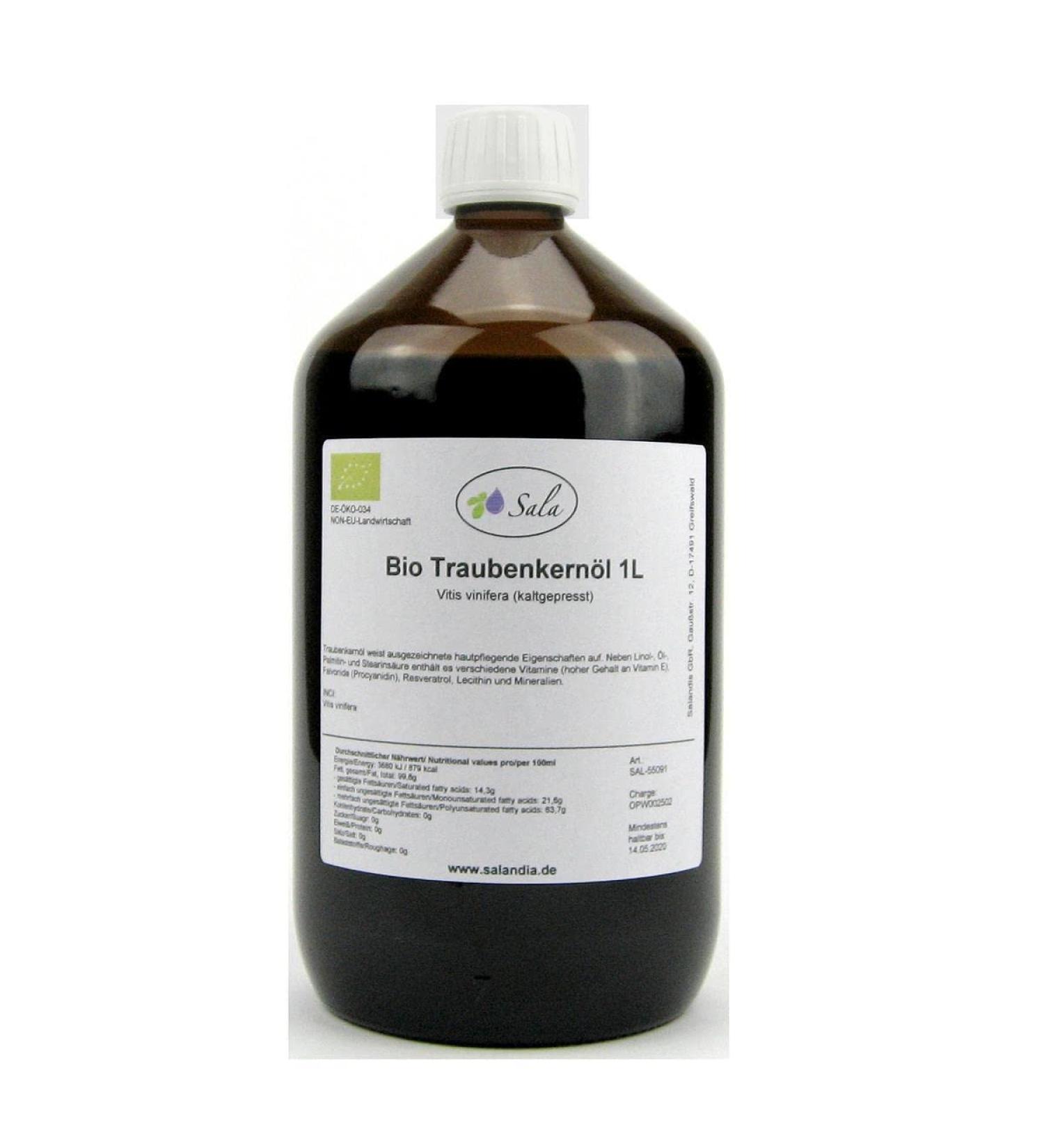 Sala grape seed oil cold pressed organic 1 L 1000 ml glass bottle