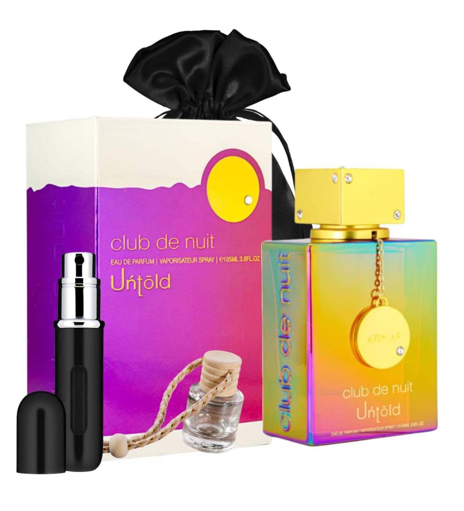 Bundle of ARMAF Club Nuit Untold Eau de Parfum Spray for Men 3.6oz with 5ml Portable Refillable Atomizer and Refillable Car Freshener in a Satin Gift Bag - Buy Online on GoSupps.com