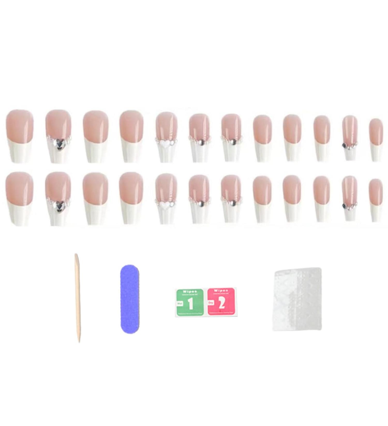 French Tip Press on Nail Long peach White Rhinestones Stick on Nail False Fake Nail with Glue for Women Girl Nail Art Press On Nails - Buy Online on GoSupps.com