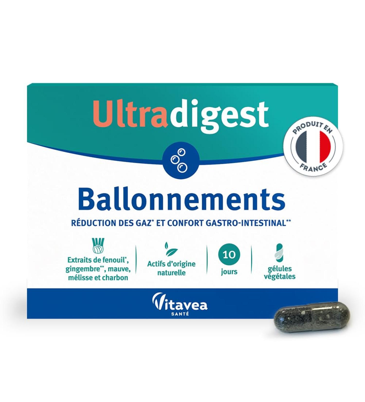 Ultradigest Bloating - Gastrointestinal Comfort - Charcoal Purple Fennel Melissa Ginger - Facilitates Digestion - 30 Vegetable Capsules - 10 Days - Made in France Vitavea - Buy Online on GoSupps.com