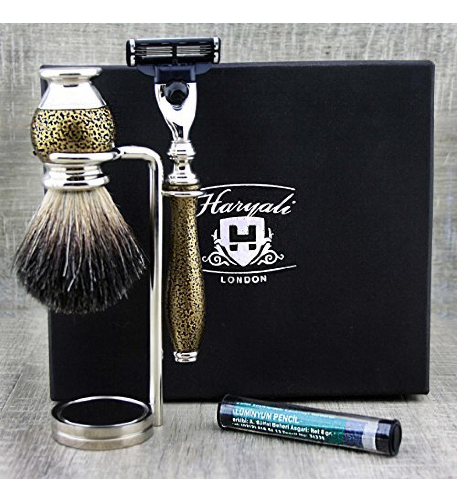 Buy 4Pc Men's Shaving Kit - 3 Edge Razor Black Badger Hair Brush Stand & Alum Pencil | Perfect Grooming Set for Men - International Shipping - Buy Online on GoSupps.com