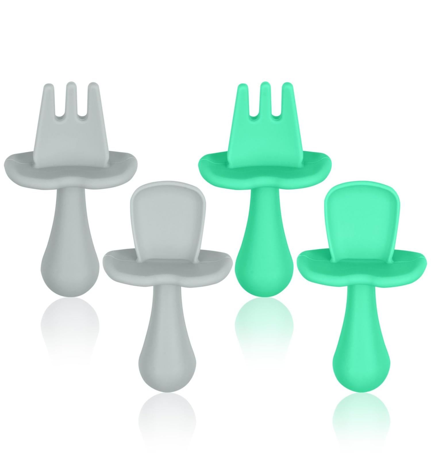 Vicloon Baby Fork and Spoon Set - 4Pcs Infant Silicone Self Feeding Utensil - Easy Grip Toddler Cutlery Kit - Baby Weaning Spoons for Children - Grey-Green - Buy Online on GoSupps.com