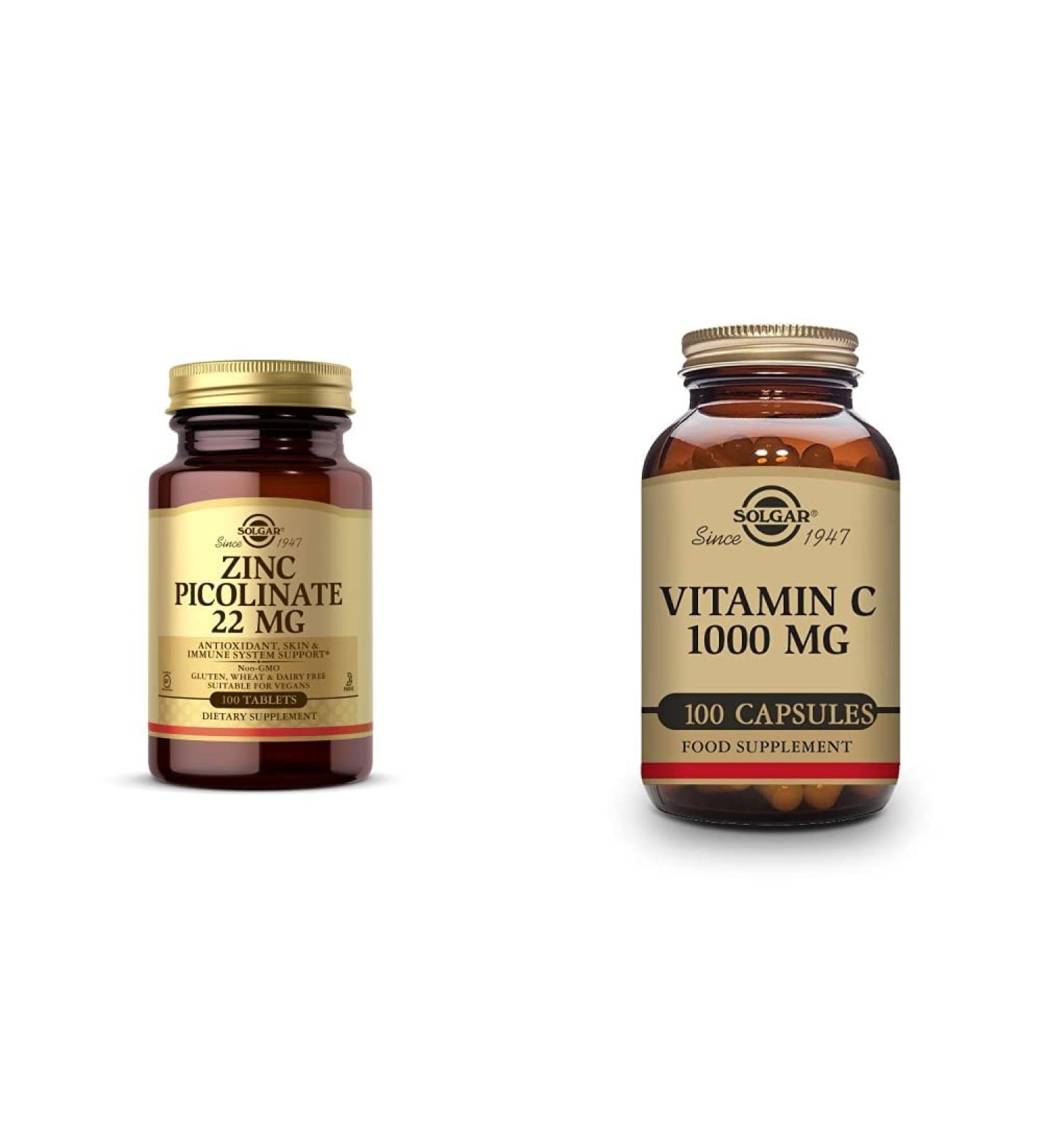 Solgar Vitamin C 1000mg & Zinc Picolinate 22mg Bundle - Immune Support, Antioxidant, Healthy Skin - Buy Online on GoSupps.com