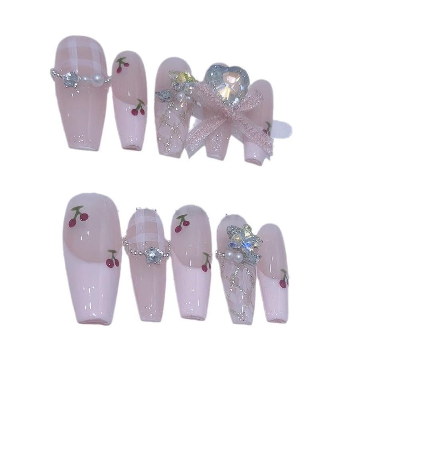 Handmade nail polish shiny diamond bow cherry detachable fake nails manicure patches fake nails(Size:M)