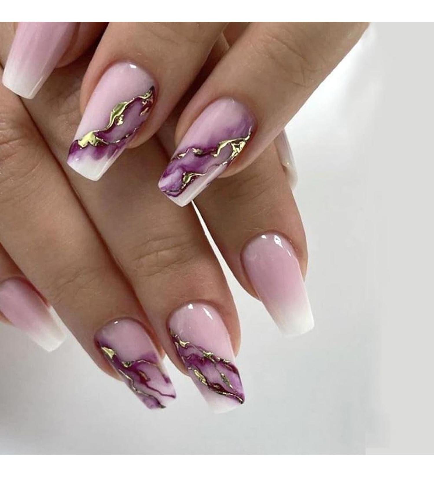 Shop Ombre White Purple Marble Press on Nails - 24 Pcs Coffin Shape with Gold Leaf Design | Perfect for Weddings & Birthdays | Gel Stick on Acrylic Nails for Women & Girls - Buy Online on GoSupps.com