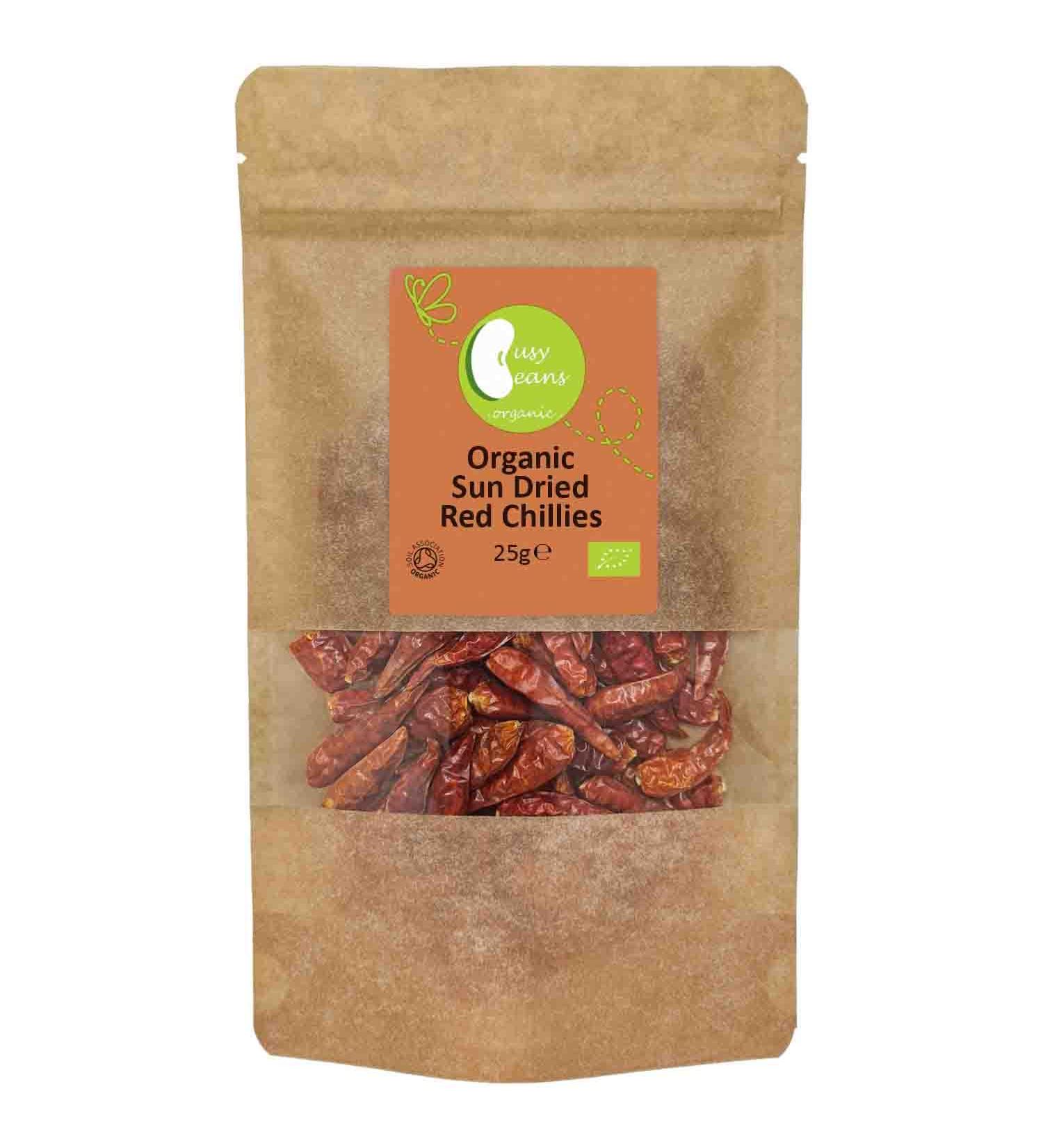 Organic Sun Dried Red Chillies - Certified Organic - by Busy Beans Organic (25g) - Buy Online on GoSupps.com