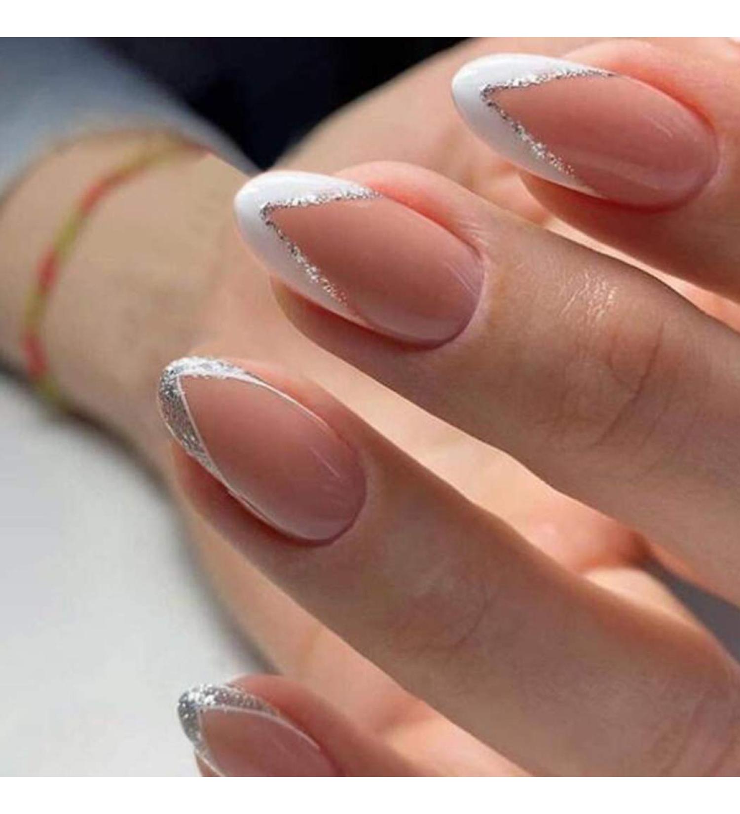 Brishow French Short Press-On Nails | Pink Glitter Ballerina Acrylic Full Cover - 24 pc for Women & Girls - Buy Online on GoSupps.com