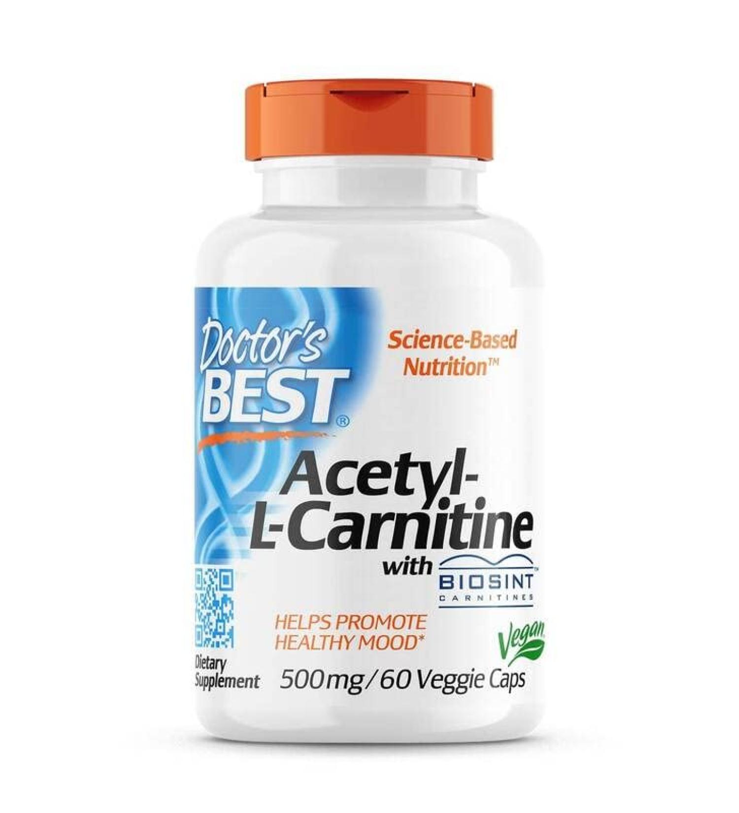 Doctor's Best Acetyl-L-Carnitine 500mg 60 Vegan Capsules - Laboratory Tested, Gluten-Free, SOYA-Free, Vegetarian, Non-GMO - Buy Online on GoSupps.com