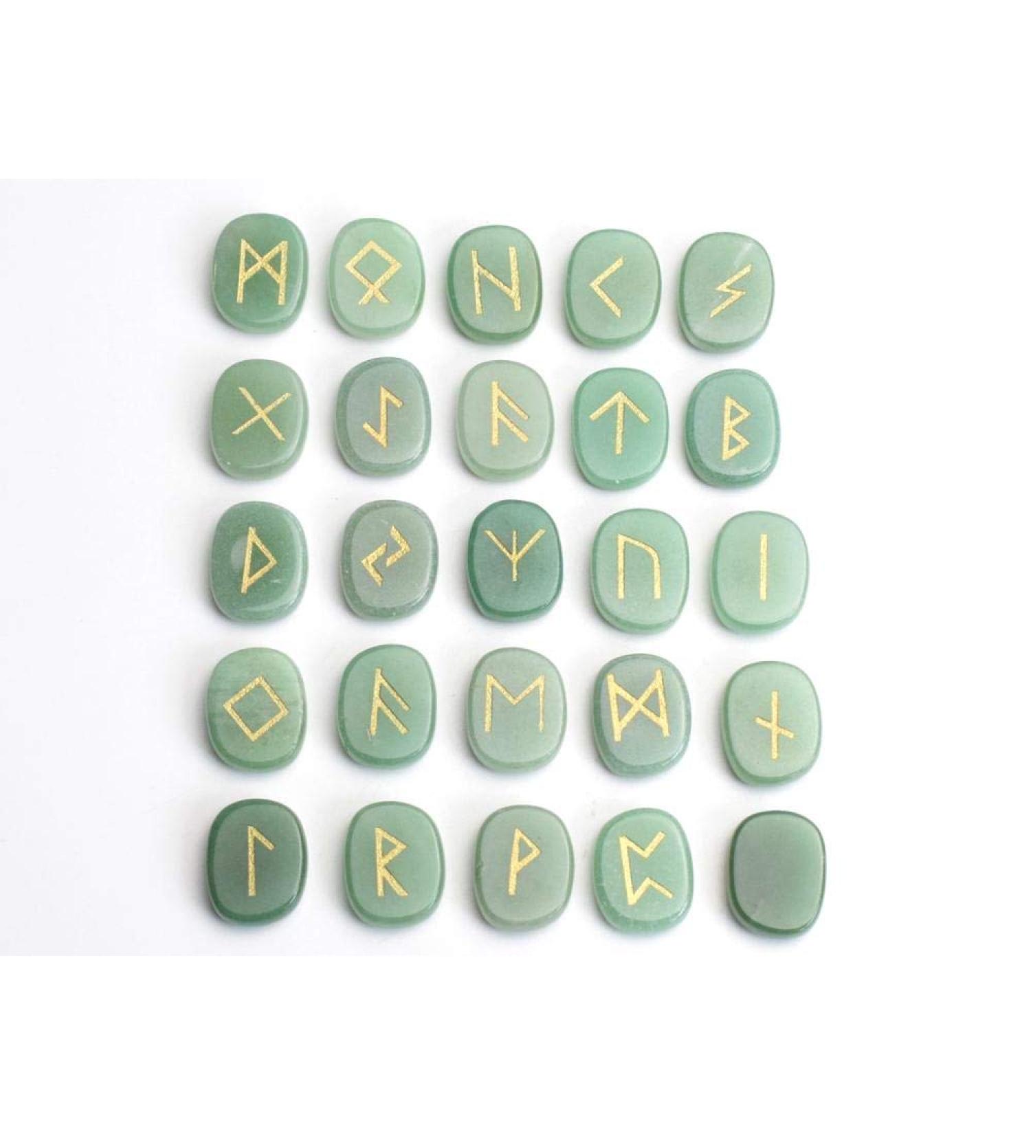 Natural Crystal Rough Natural Green Carved Crystal Palm Stones Engraved Pagan Lettering Wiccan Rune Stones Set with A Pouch - Stones - Buy Online on GoSupps.com