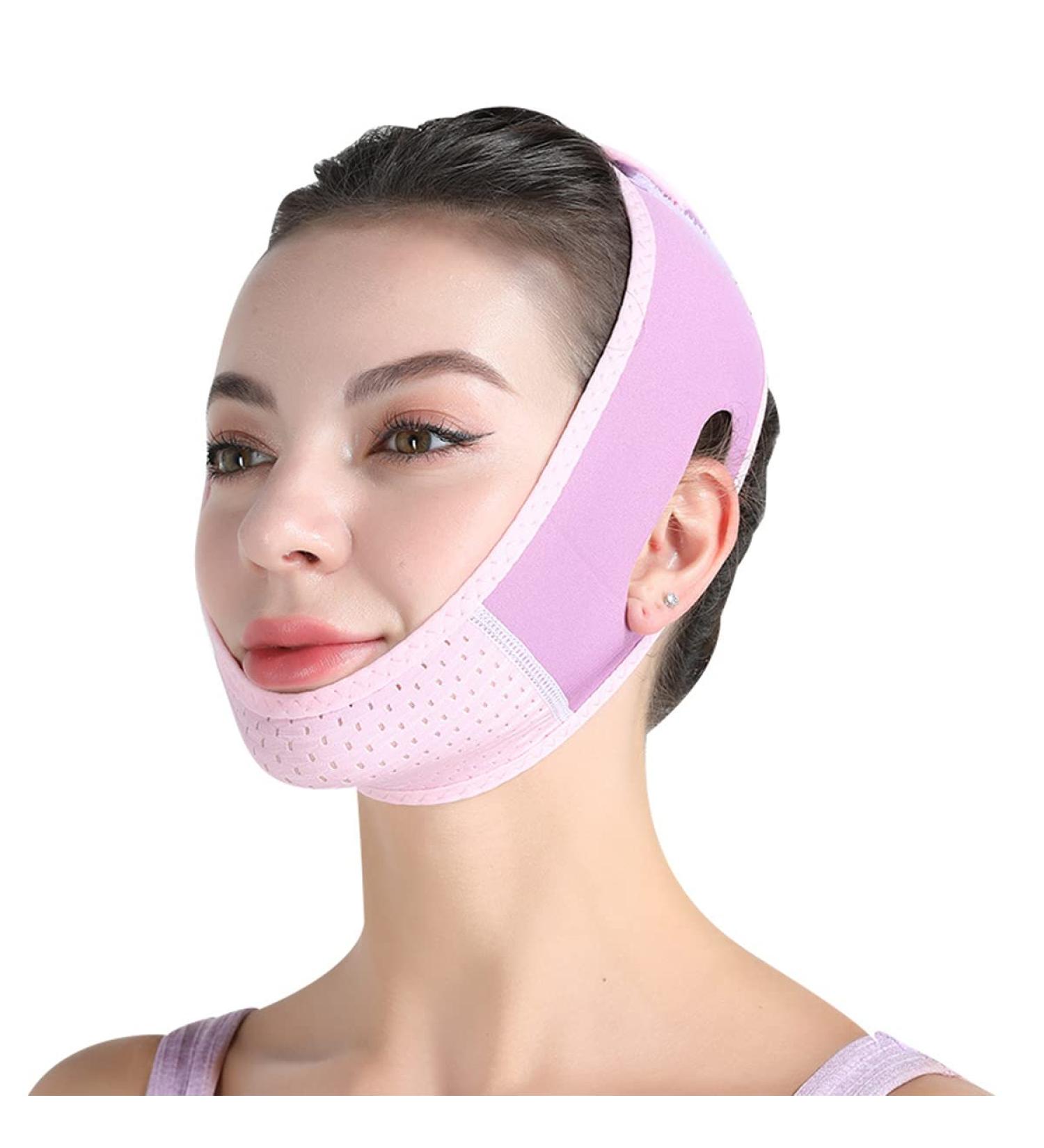 V-Shaped Face Mask Double Chin Reducer | Anti-Wrinkle Face Lifting Belt (Pink Purple) - Buy Online on GoSupps.com