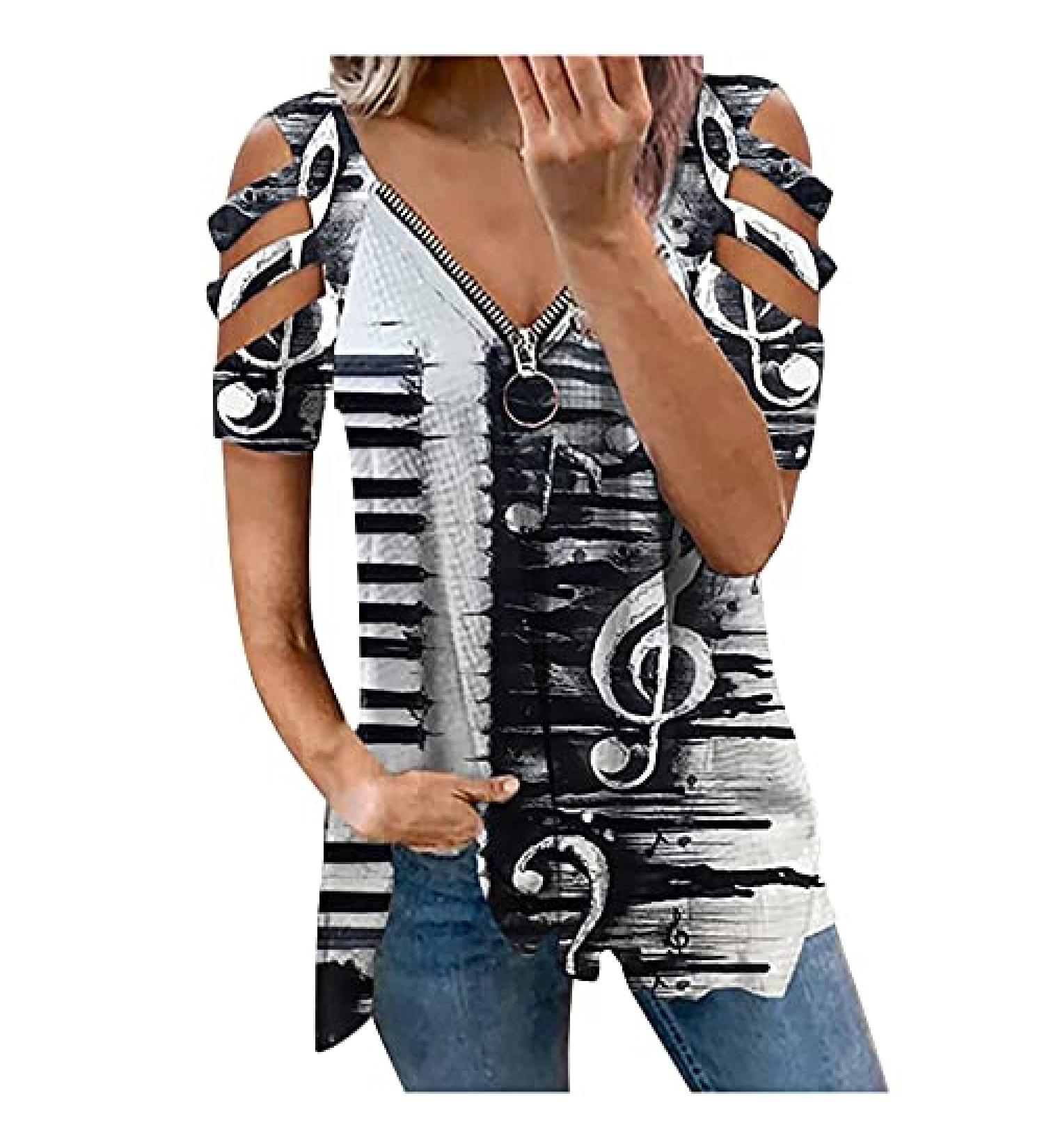 Women's V-Neck Zipper Print Off-Shoulder Top | Short Sleeved T-shirt - Buy Online on GoSupps.com