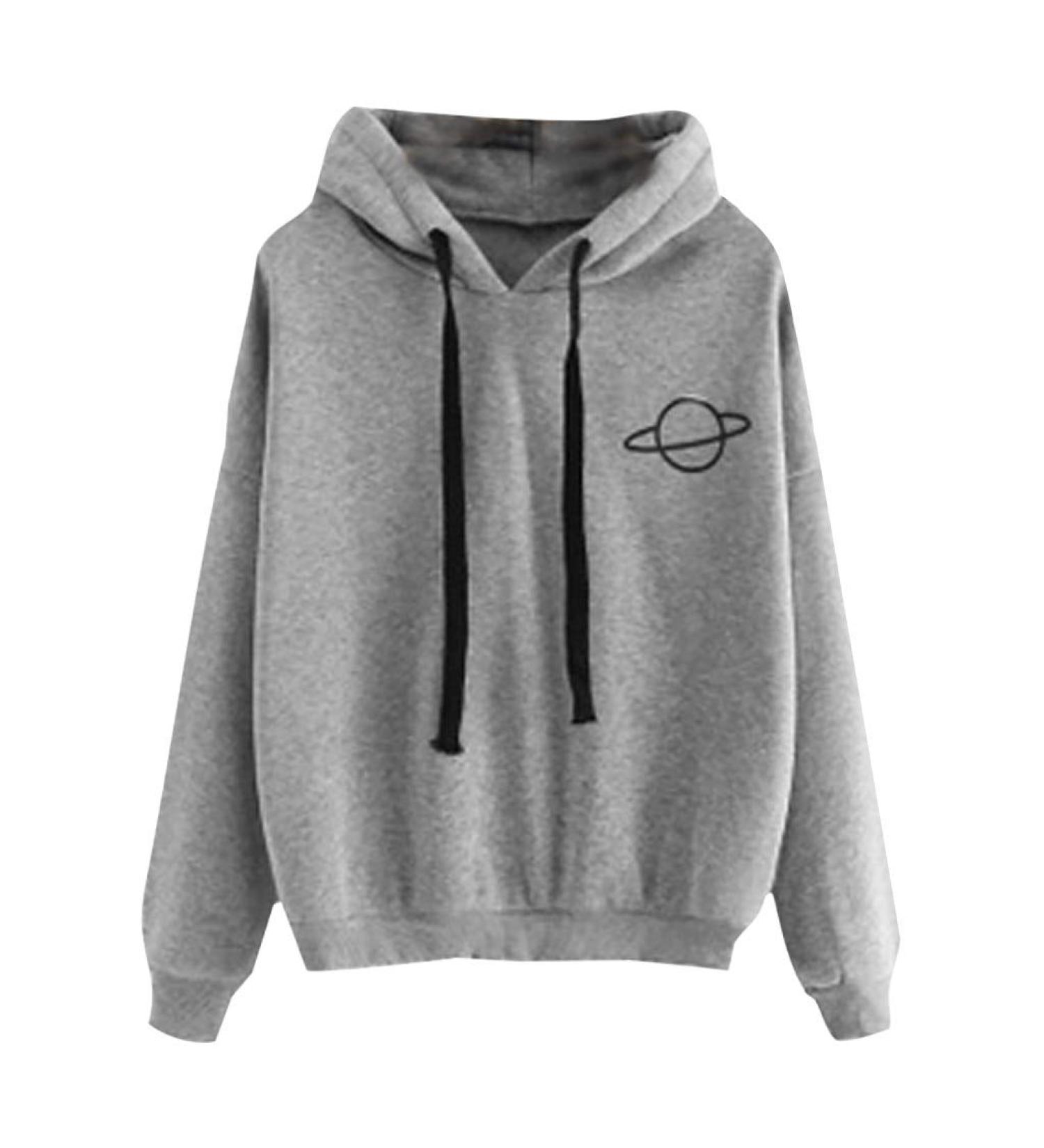 Bigfanshu Women's Sweatshirts Loose Casual Printed Hooded Hoodies Female Pullover Solid Blouse Tops Gray