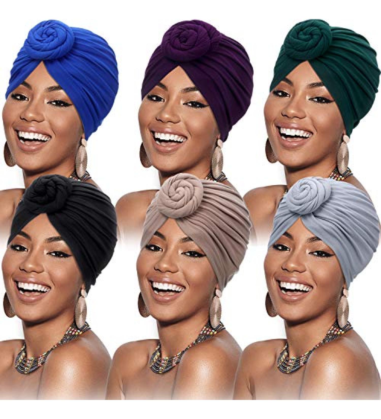 SATINIOR Women African Turban Flower Knot Pre-Tied Bonnet Beanie Cap Headwrap Set - 6 Pieces (Black, Royal-blue, Gray, Camel, Purple, Green) - Buy Online on GoSupps.com