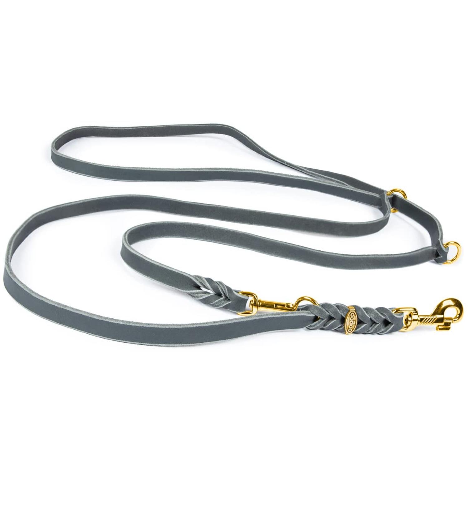 Copcopet 3-Way Adjustable Dog Leash | Handmade Fat Leather Braided Leash with Brass Carabiners | Soft & Durable 3m x 15mm - Gray - Buy Online on GoSupps.com