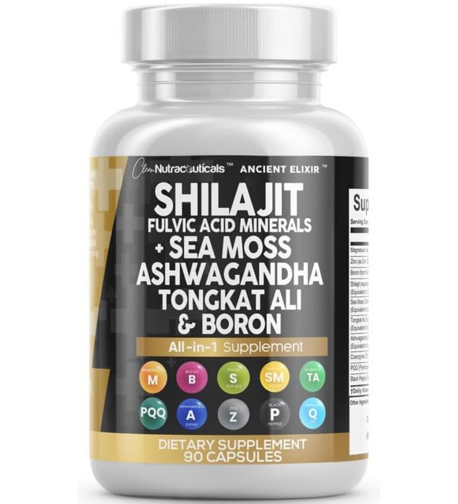 Clean Nutraceuticals Shilajit Supplement for Men with Sea Moss Tongkat Ali Ashwagandha Boron Zinc CoQ10 PQQ - Fulvic Acid Capsules - Energy Support - 90 Count - Resin Gummy & Powder Alternative - Buy Online on GoSupps.com