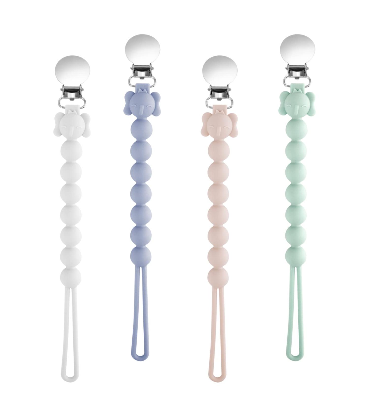 BPA-Free Baby Dummy Clip Set | 4PCS Silicone Pacifier Clips for All Pacifiers | Teething Toys for Newborn | Baby Shower Gift | Pink+Green+Grey+White - Buy Online on GoSupps.com