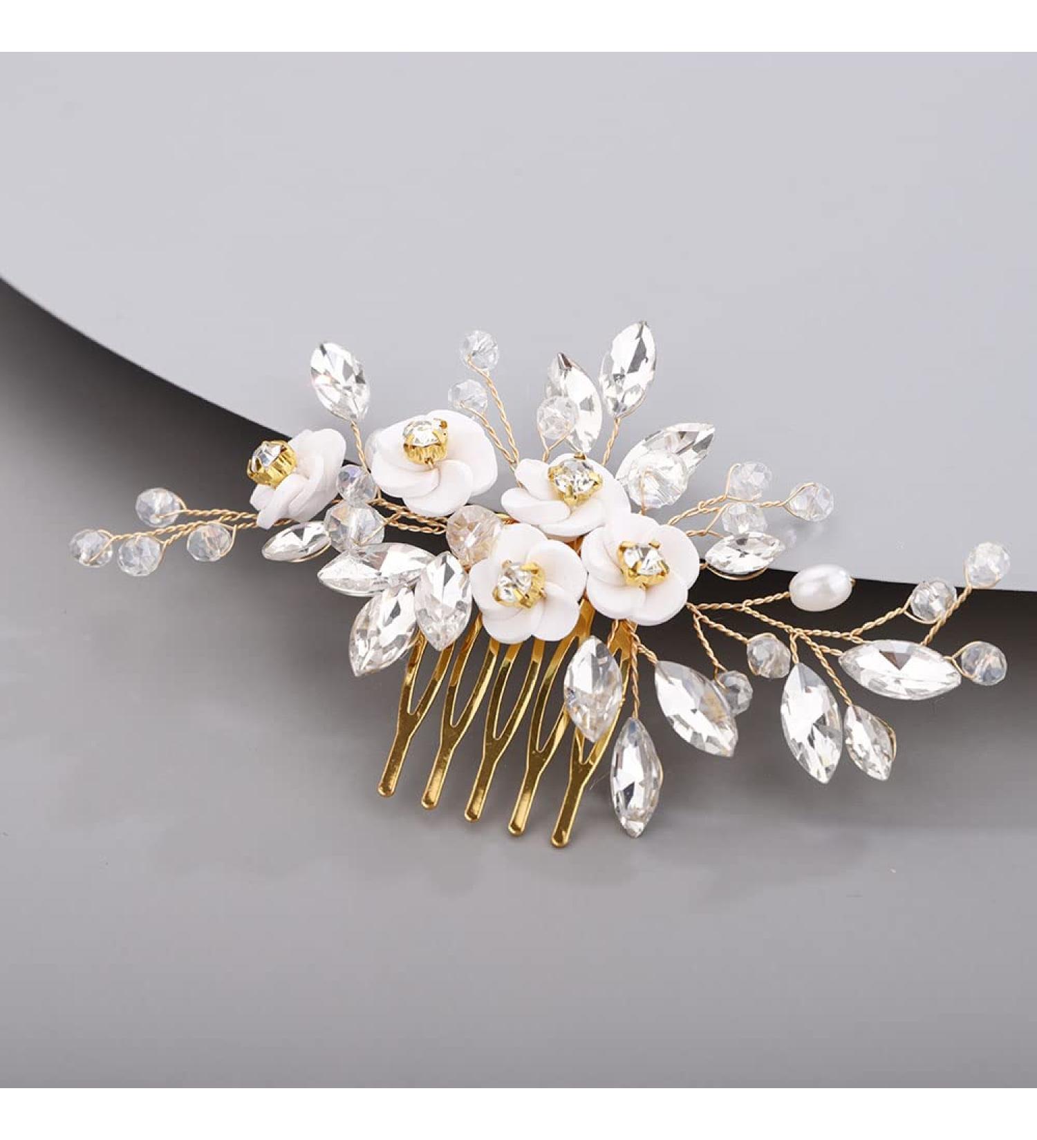 Chargances Bridal Rhinestone White Flower Hair Comb Wedding Beaded Crystal Hair Side Comb Vintage Handmade Hair Accessories for Wedding Bridal Bridesmaid Prom Flower Girls (Gold) - Buy Online on GoSupps.com
