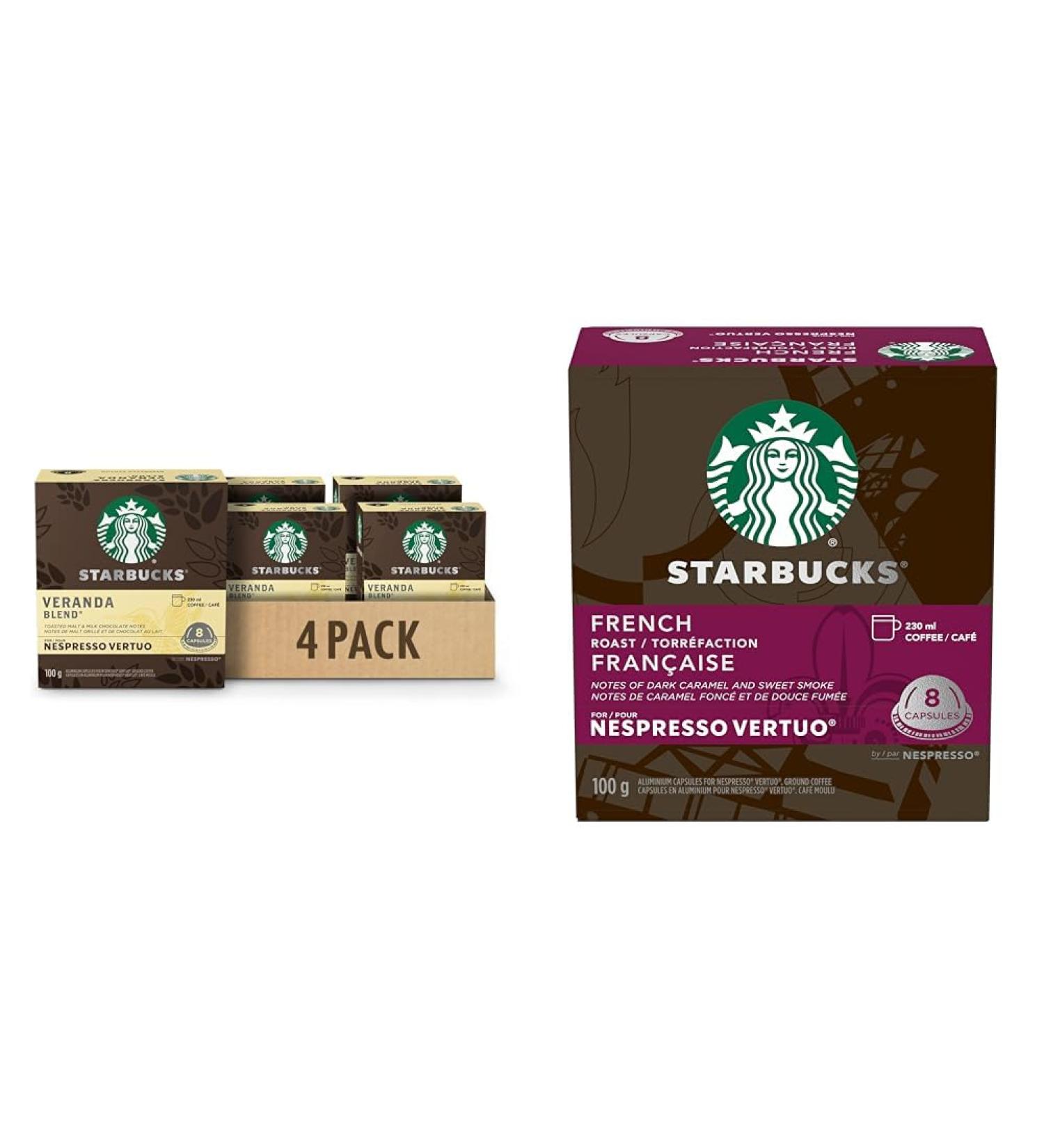 STARBUCKS Veranda Blend for Nespresso Vertuo Blonde Roast Coffee Pods 8 K-Cup Capsules Pack of 4 & French Roast For NESPRESSO VERTUO Dark Roast Notes of Dark Caramel & Sweet Smoke Coffee + Roast Veranda 1 count (Pack of 4) - Buy Online on GoSupps.com