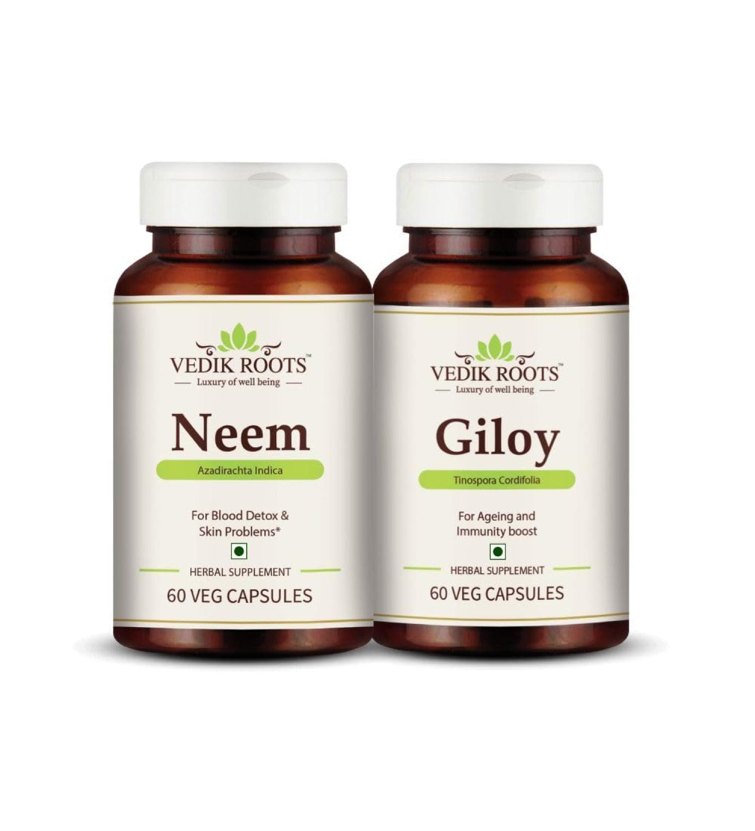 VEDIKROOTS Immunity Enhancer Kit Neem 60 Capsules + Giloy 60 Capsules - Buy Online on GoSupps.com