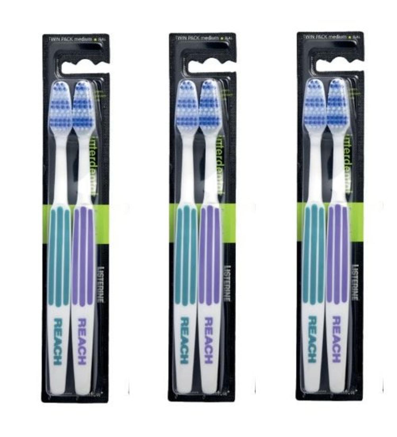 REACH Essential Care Interdental Medium Toothbrush Duo Pack x 3 Full Head Hard Bristle Manual Toothbrushes Variety Colors Multipack Daily Oral Enamel Dental Care Medium 1 count (Pack of 6)