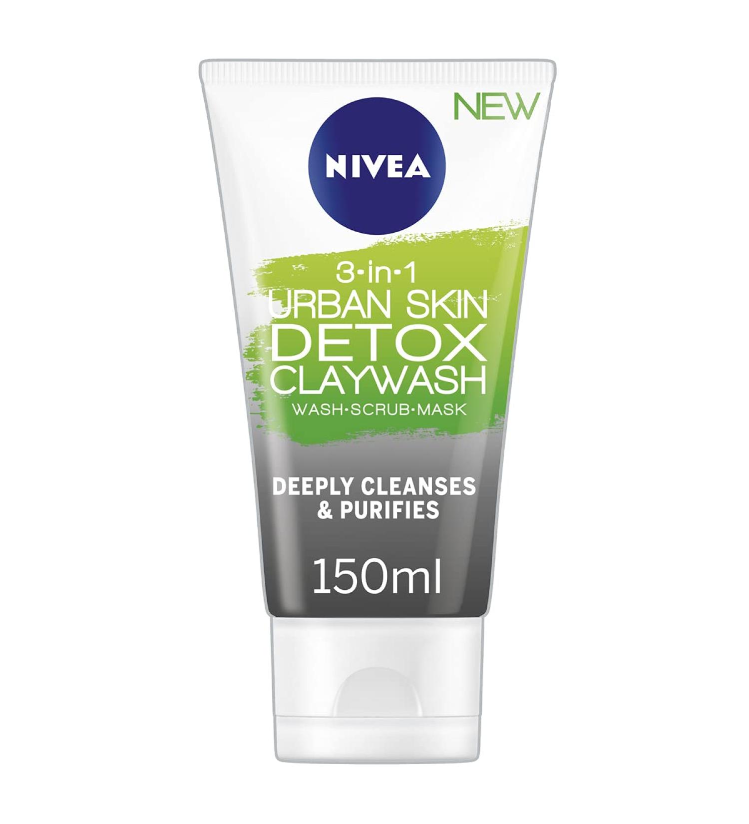 NIVEA 3-IN-1 Urban Skin Detox Clay Wash 150ml Detoxing Face Mask for All Skin Types Face Wash Natural Clay Mask with Black Rice & Green Tea Extract. - Buy Online on GoSupps.com