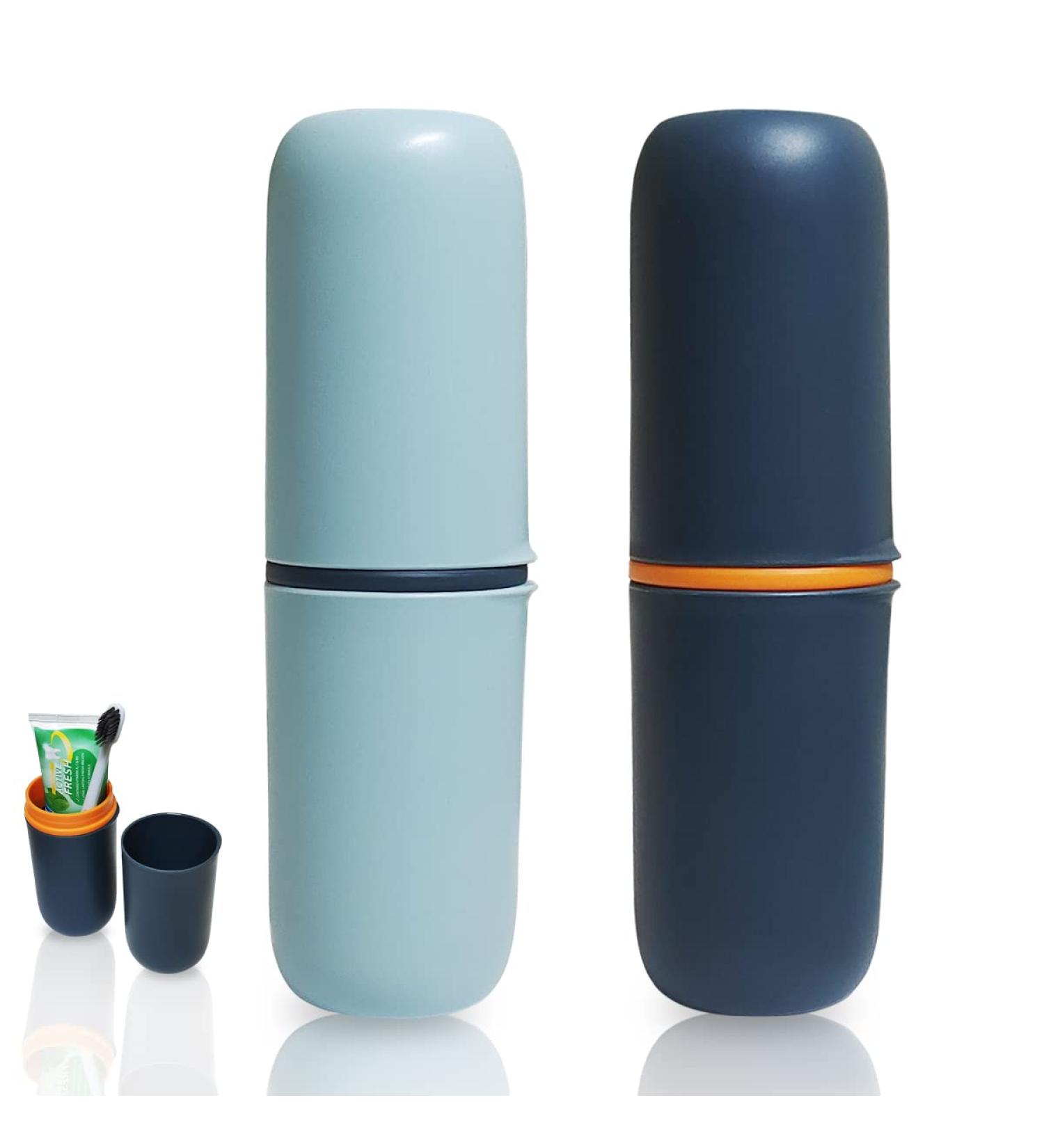 2 Pcs Portable Travel Toothbrush Case with Cup | Toothbrush Holder for Traveling, Camping, Home & School - Deep Blue-Sky Blue - Buy Online on GoSupps.com