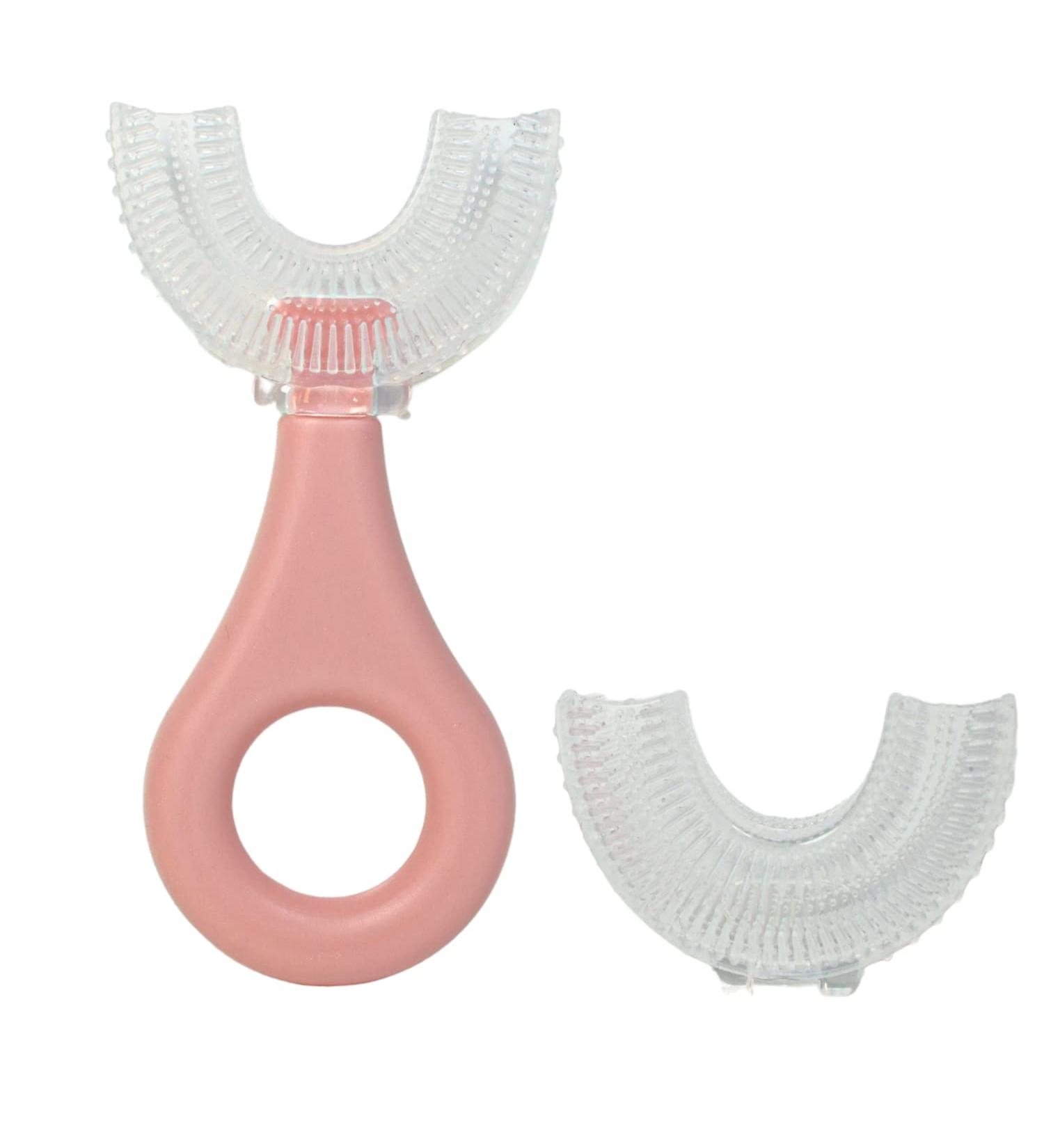 Happy Bubble Premium Soft Silicone U-Shaped Toddler Toothbrush - Pink | 360 Kids Toothbrush w/ Extra Detachable Head - Buy Online on GoSupps.com