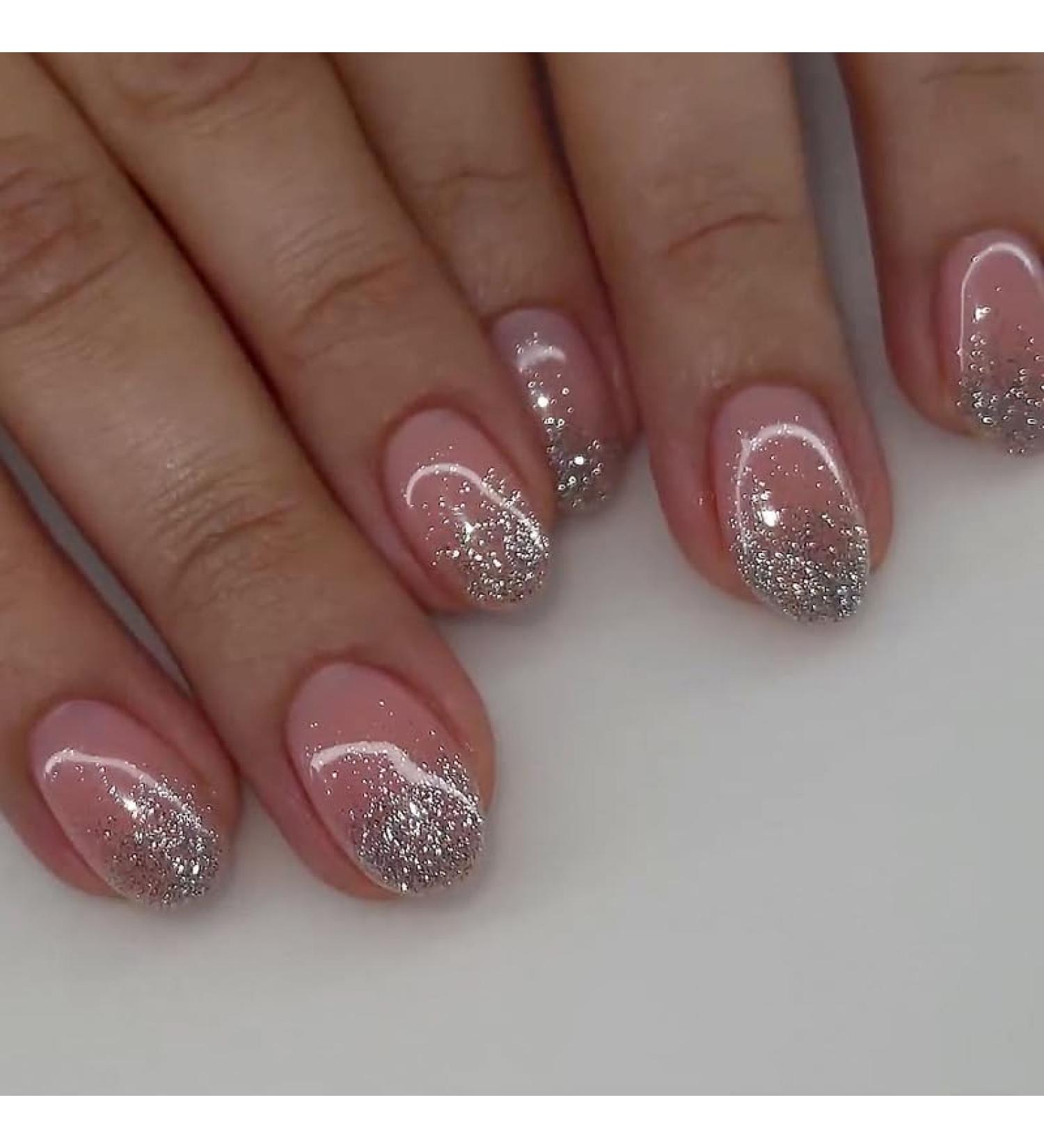 French Tip Press on Nails - Short Round Press On Nails with Nail Tips sparkling Pink False Nail press on nails Acrylic False Nails Cute Artificial Nails - Buy Online on GoSupps.com