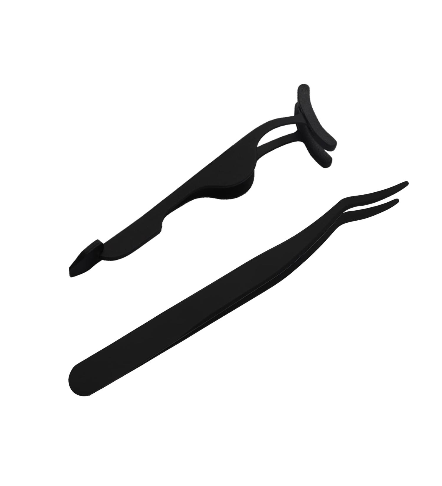 Stainless Steel Curved Eyelash Applicator Tweezers - 2 Pcs Set for False Lashes, Cluster Application and Removal - Black - Buy Online on GoSupps.com