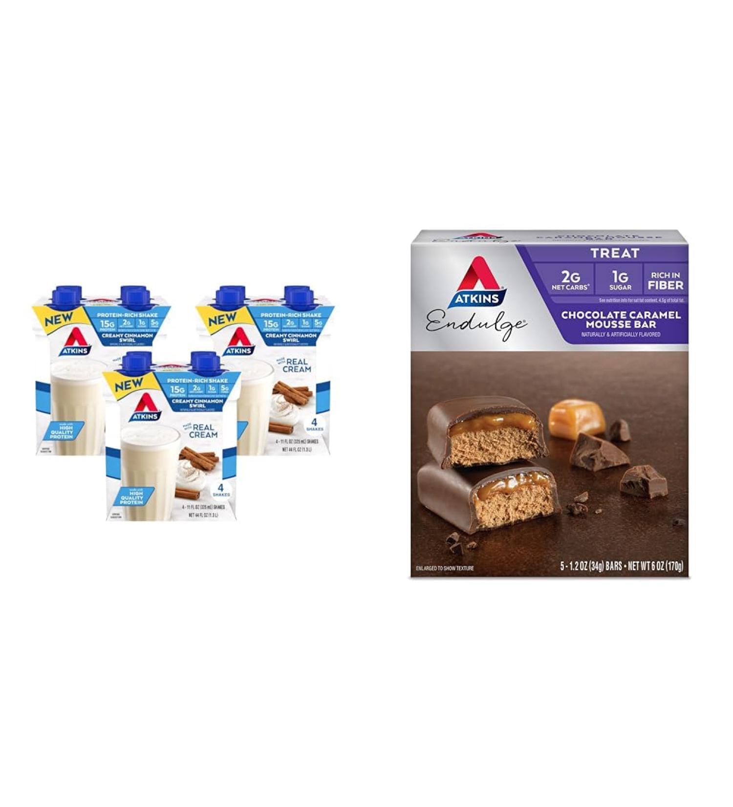 Atkins Creamy Cinnamon Swirl Protein Shake 15g Protein 12 Count and Chocolate Caramel Mousse Bar 1g Sugar 5 Count Bundle - Buy Online on GoSupps.com