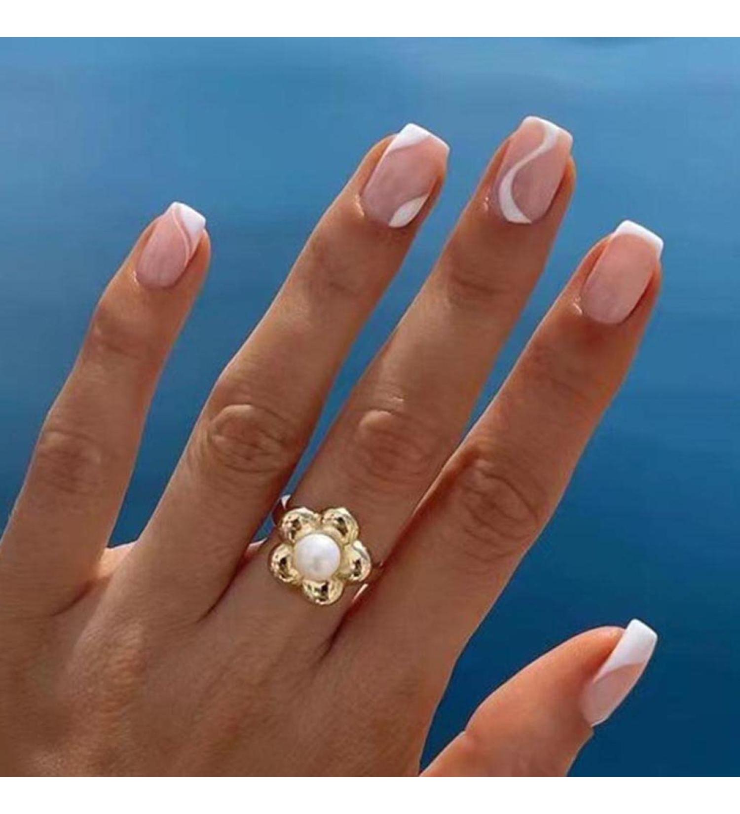 Foccna French Press on Nails | Short Square Acrylic White Fake Nails | 24PCS Women's Nail Tips with Simple Swirls Design - Buy Online on GoSupps.com