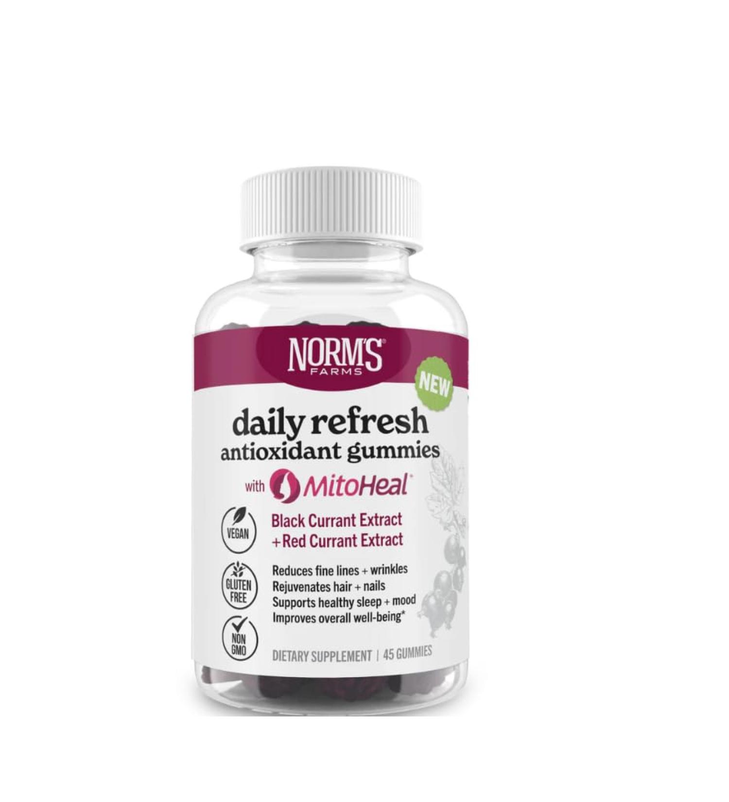 Norm's Farms Elderberry Antioxidant Gummies - Daily Refresh w/MitoHeal 500mg Red & Black Currant Extract - Sleep Mood Skin Hair & Nail Support - USA Made Vegan Non-GMO Gluten-Free - 45 Gummies - Buy Online on GoSupps.com