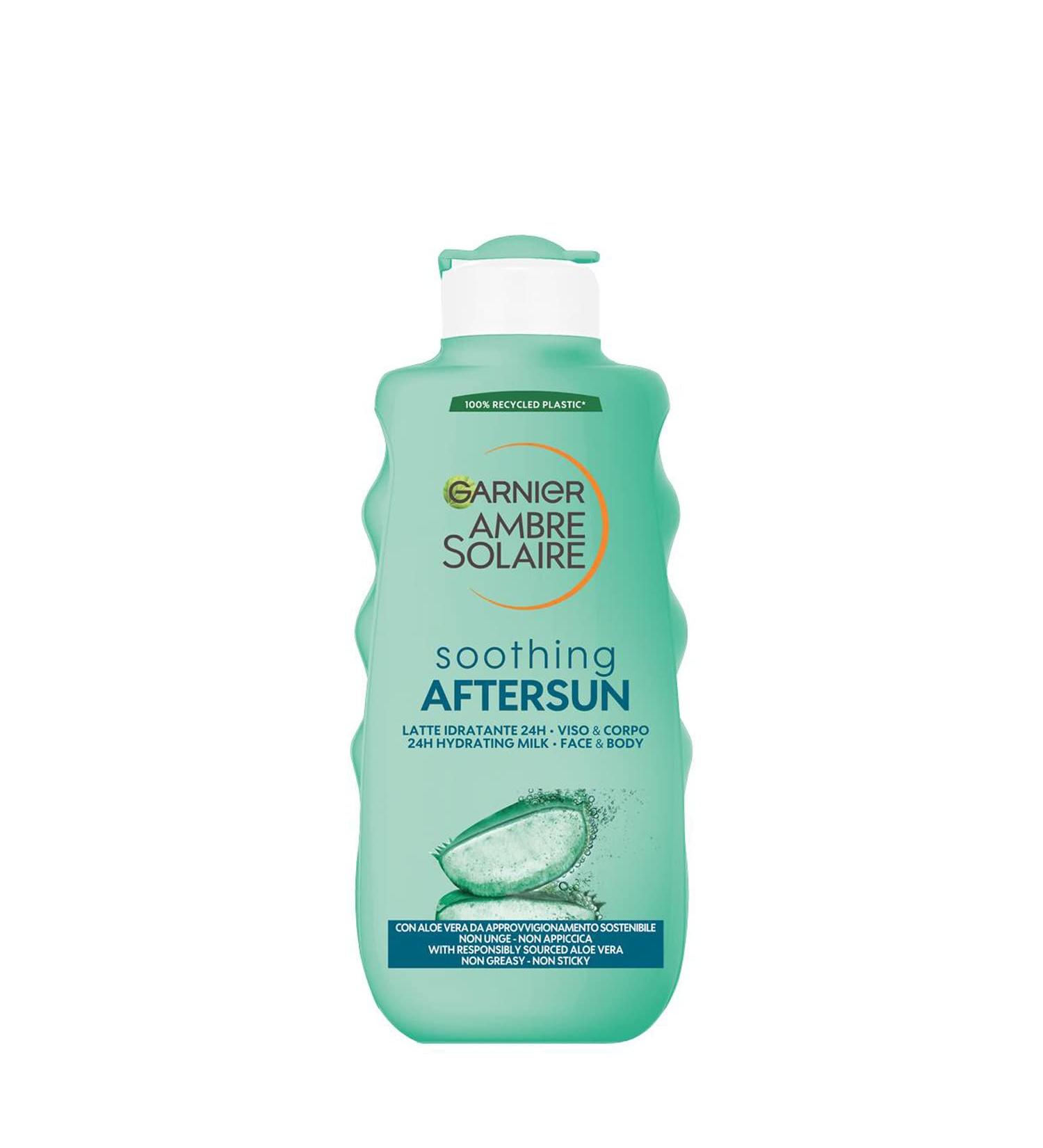 Garnier ambre solaire after sun milk for face and body refreshing effect and nourished skin ideal for all skin types enriched with aloe vera 200 ml content: 200 ml